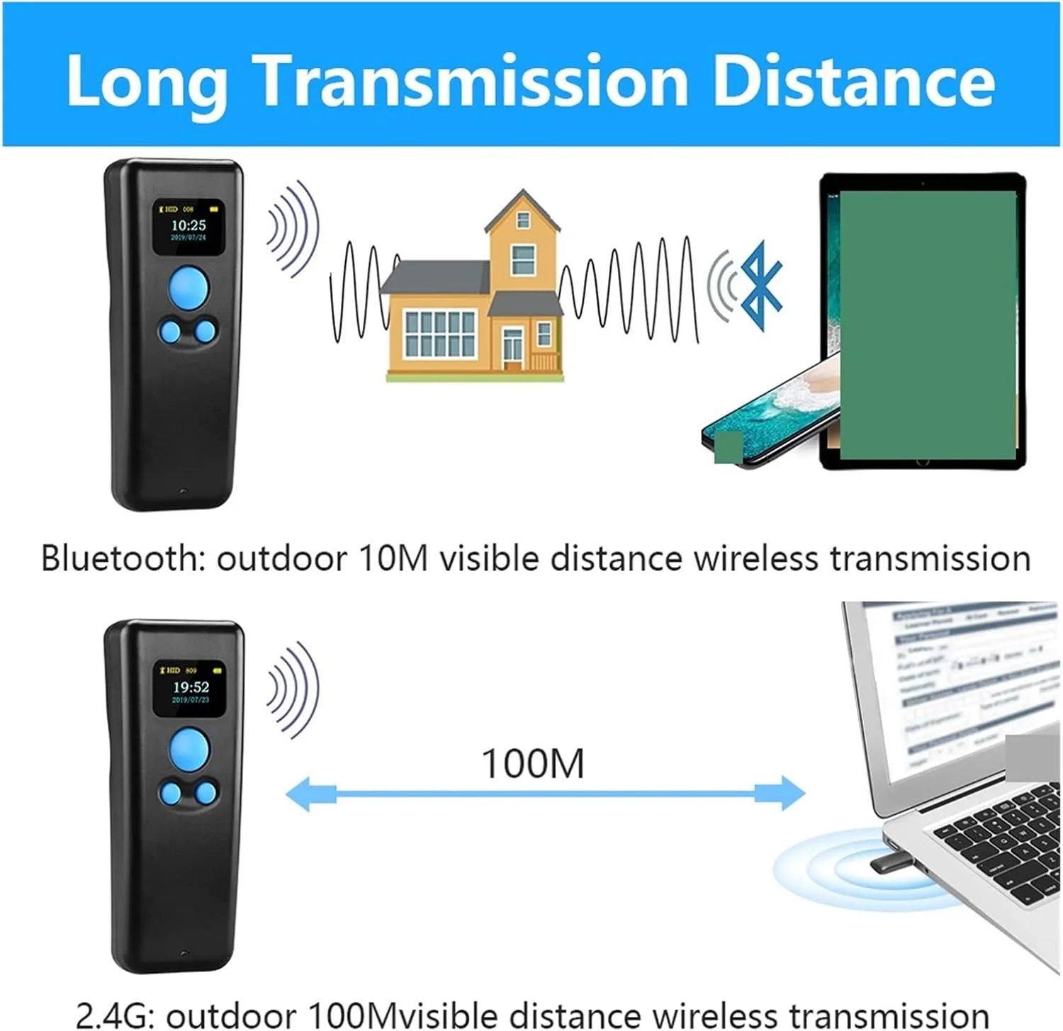 اسکنر بارکد GZDtdsd 2.4g بلوتوثی جیبی مینی اسکنر انبارداری خرده فروشی لجستیک اسکنر بارکد خوان بی سیم با صفحه نمایش (2D)