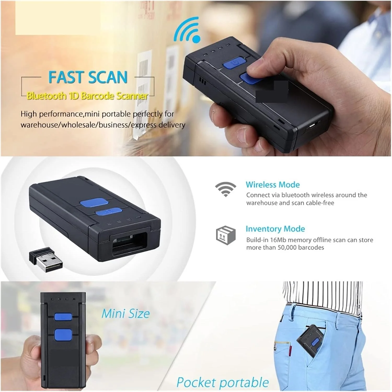 اسکنر بارکد GZDtdsd مینی 1D بی سیم سازگار با عملکرد بلوتوث و اتصال بی سیم 2.4 گیگاهرتز و سیمی اسکنر بارکد قابل حمل