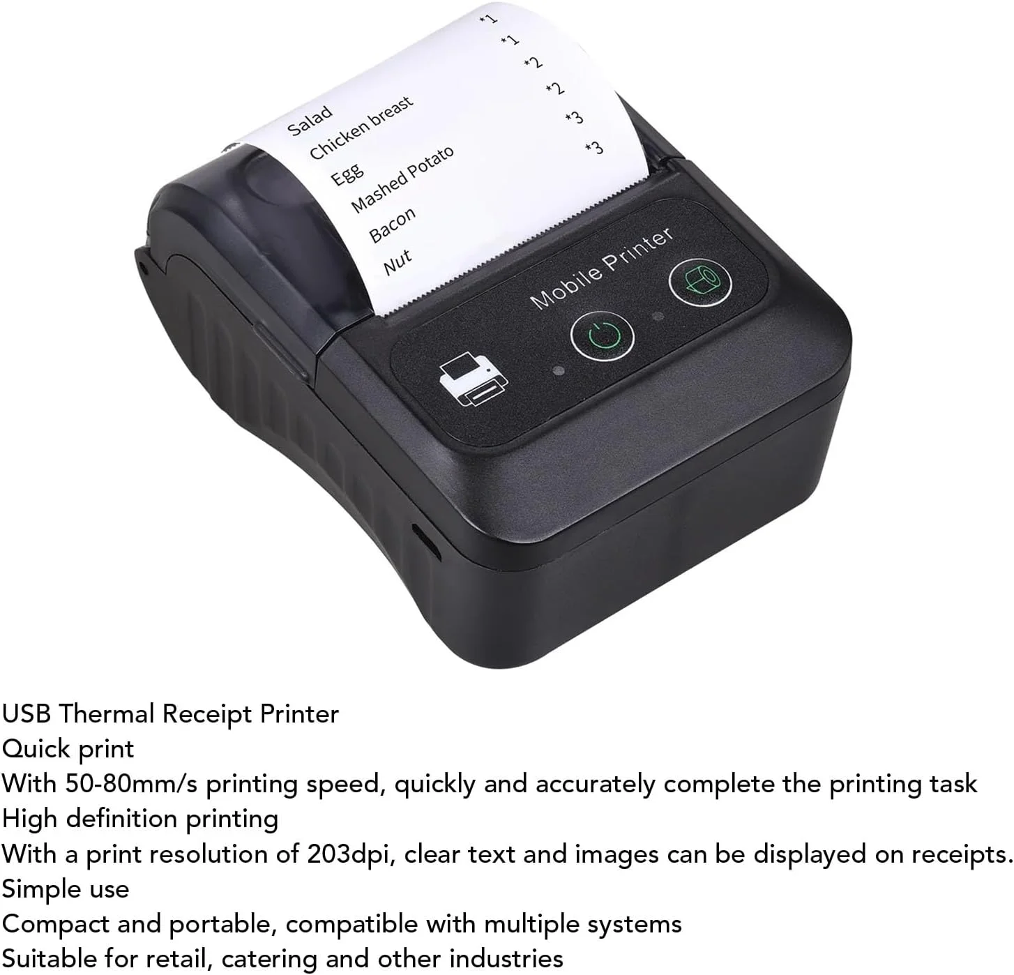 پرینتر حرارتی بلوتوثی 58 میلی‌متری Oreilet، پرینتر رسید جیبی موبایل USB POS، پشتیبانی از بارکد، کد QR، برای کسب و کار، فیش رستوران، برای اندروید