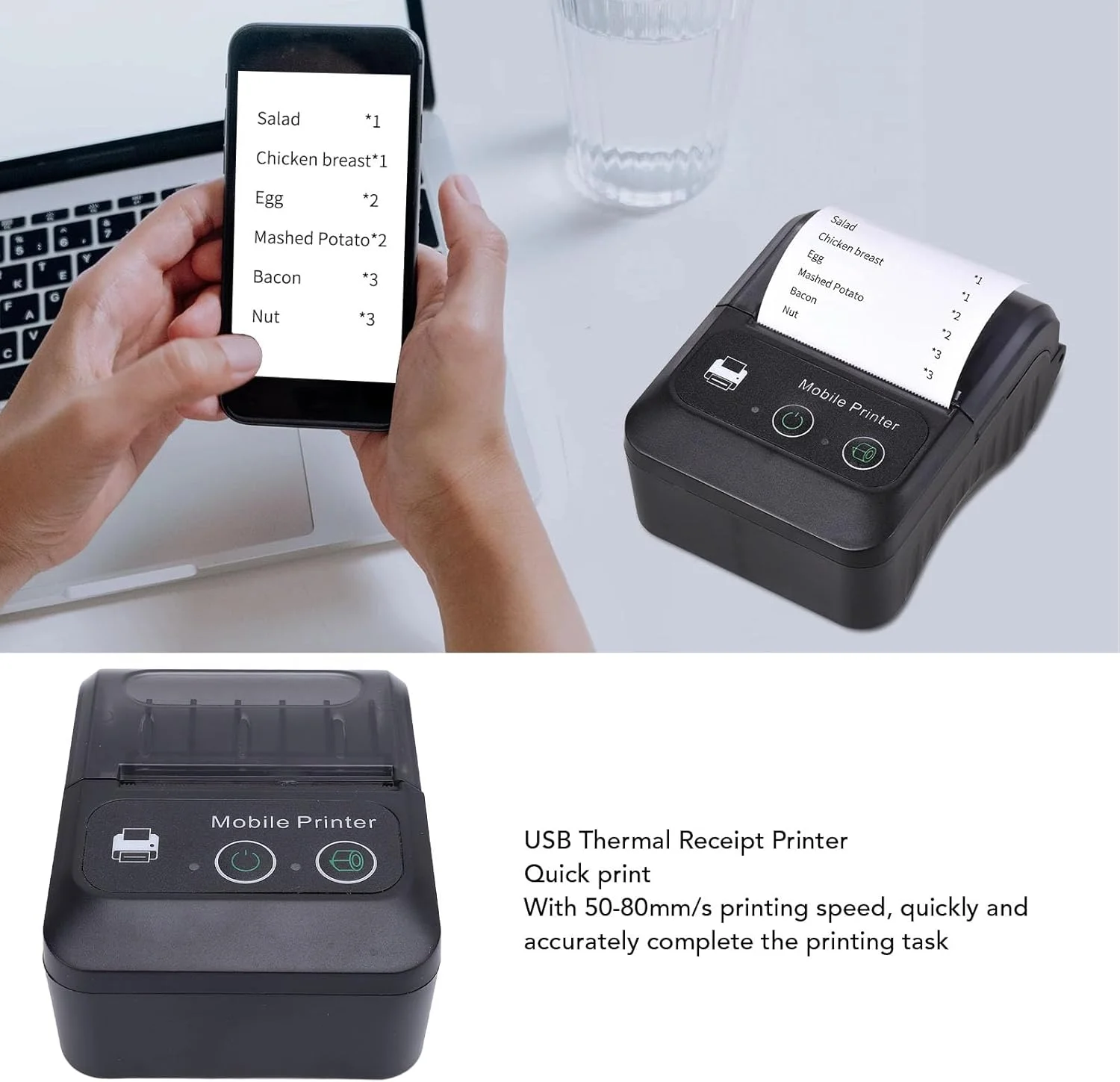 پرینتر حرارتی بلوتوثی 58 میلی‌متری Oreilet، پرینتر رسید جیبی موبایل USB POS، پشتیبانی از بارکد، کد QR، برای کسب و کار، فیش رستوران، برای اندروید