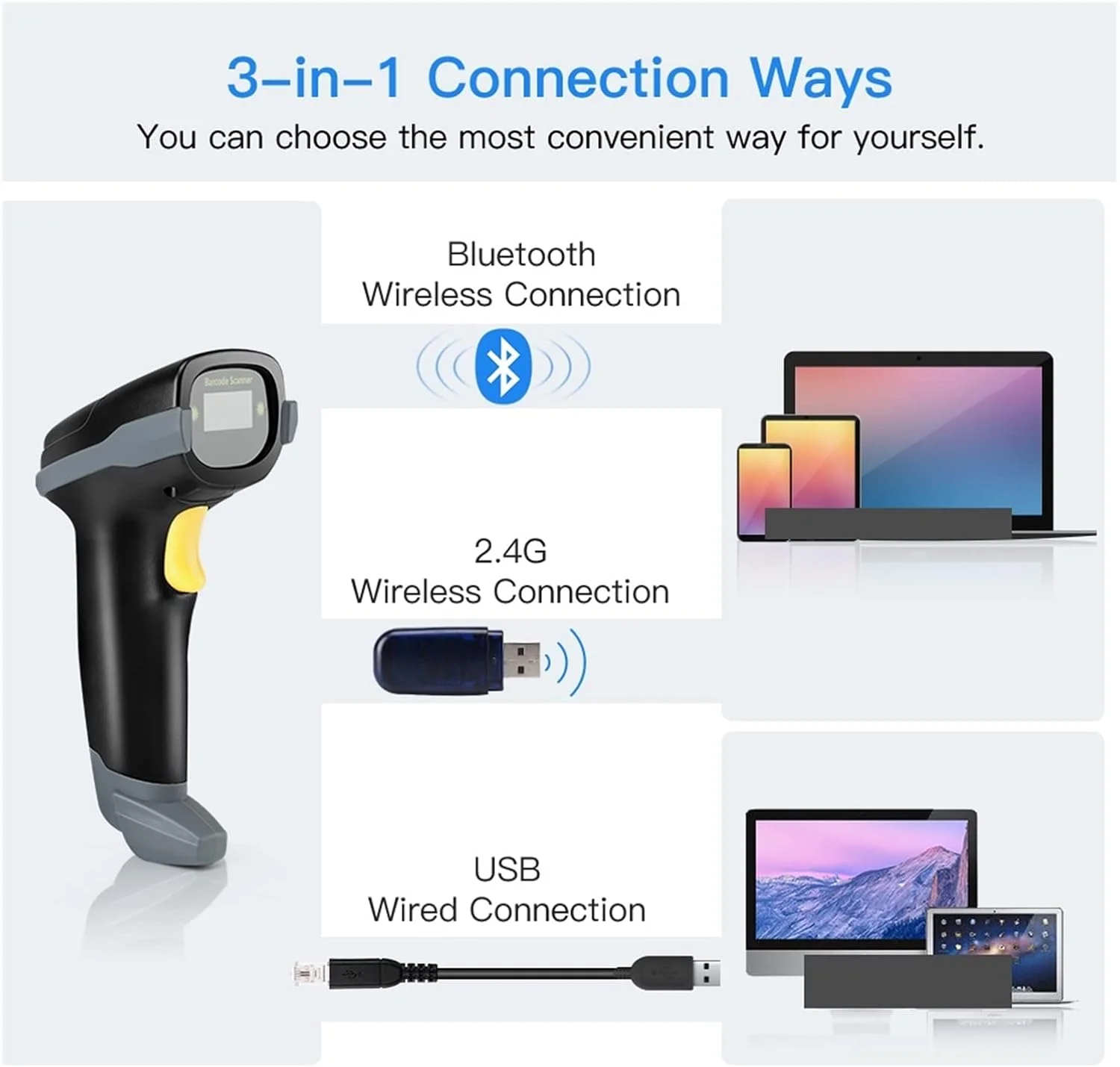 اسکنر بارکد دستی RTYUTT 1D بی سیم با عملکرد نمایش تاریخ سازگار با بلوتوث، بی سیم 2.4G و بارکد خوان سیمی USB