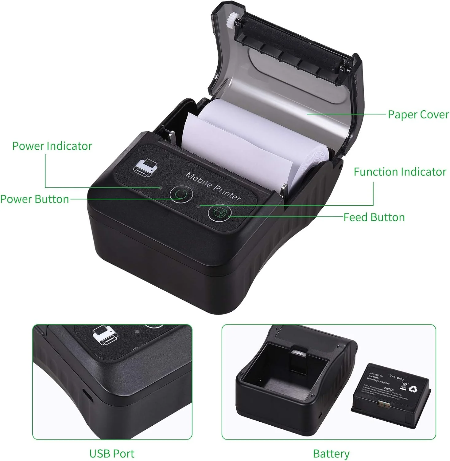 چاپگر حرارتی رسید قابل حمل بی سیم BT 58mm 2 اینچی مینی USB چاپگر POS موبایل پشتیبانی از دستور چاپ ESC/POS سازگار با Android/iOS/Windows برای رستوران های کوچک فروشگاه خرده فروشی چاپگر حرارتی رسید قابل حمل بی سیم BT 58mm 2 اینچی مینی USB چاپگر POS موبایل پشتیبانی از دستور چاپ ESC/POS سازگار با Android/iOS/Windows برای رستوران های کوچک فروشگاه خرده فروشی