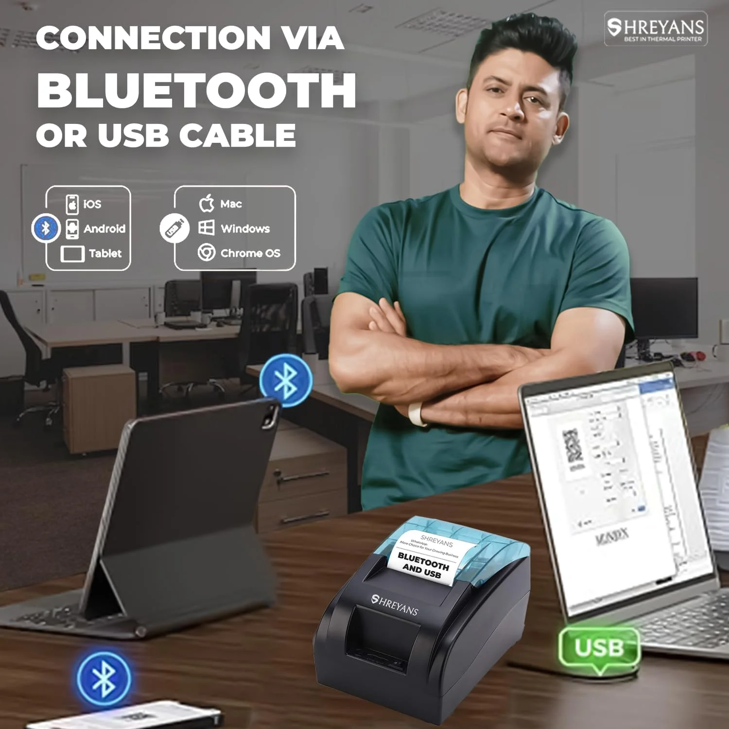 پرینتر حرارتی مستقیم رسید Shreyans 58mm USB+Bluetooth | مناسب برای صدور صورتحساب در هتل ها، مغازه ها، رستوران ها، مراکز خرید، سوپرمارکت ها، انبارها و موارد دیگر (بدون پشتیبان باتری)