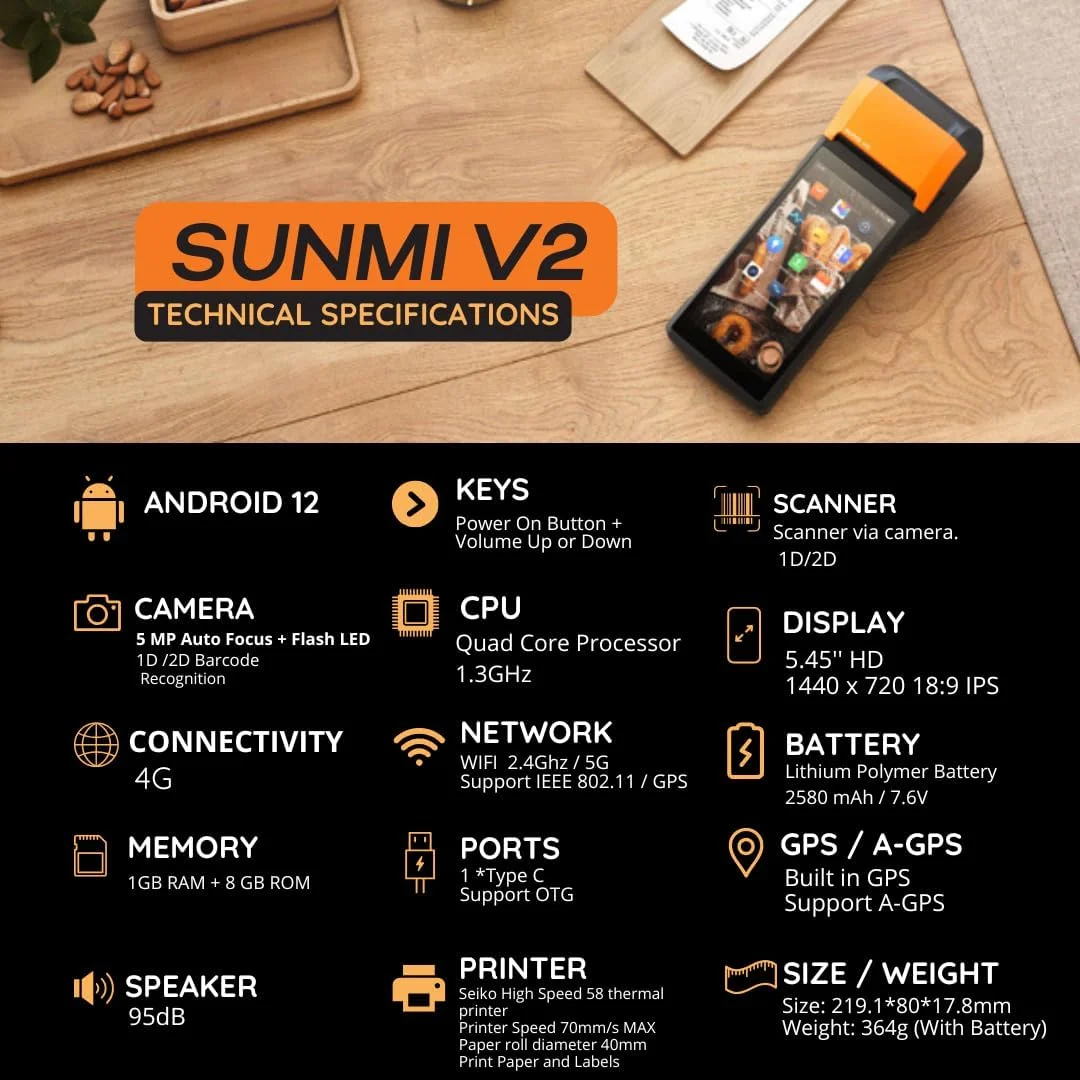 دستگاه پوز PDA مولتزو با پرینتر حرارتی پرسرعت 58 میلیمتری، اندروید 12، صفحه لمسی 5.45 اینچی، تبلت موبایل دستی SUNMI، بارکدخوان 1D/2D، مشکی دستگاه پوز PDA مولتزو با پرینتر حرارتی پرسرعت 58 میلیمتری، اندروید 12، صفحه لمسی 5.45 اینچی، تبلت موبایل دستی SUNMI، بارکدخوان 1D/2D، مشکی