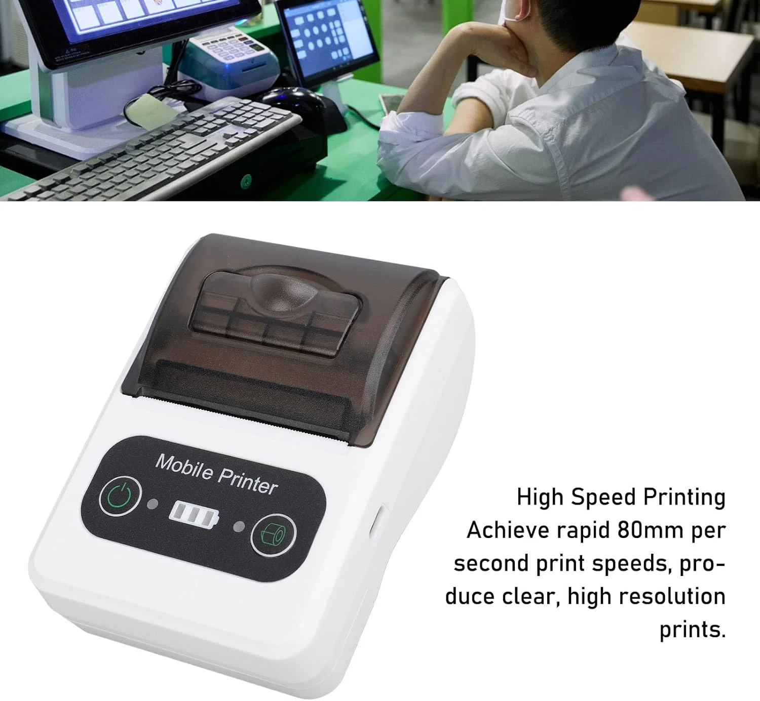 چاپگر رسید بلوتوثی Wisoqu، چاپگر حرارتی کوچک 58 میلی متری بی سیم فاکتور POS، چاپگر حرارتی موبایل برای مشاغل رستوران فروشگاه های خرده فروشی، چاپگر کاغذ قبض برای اندروید