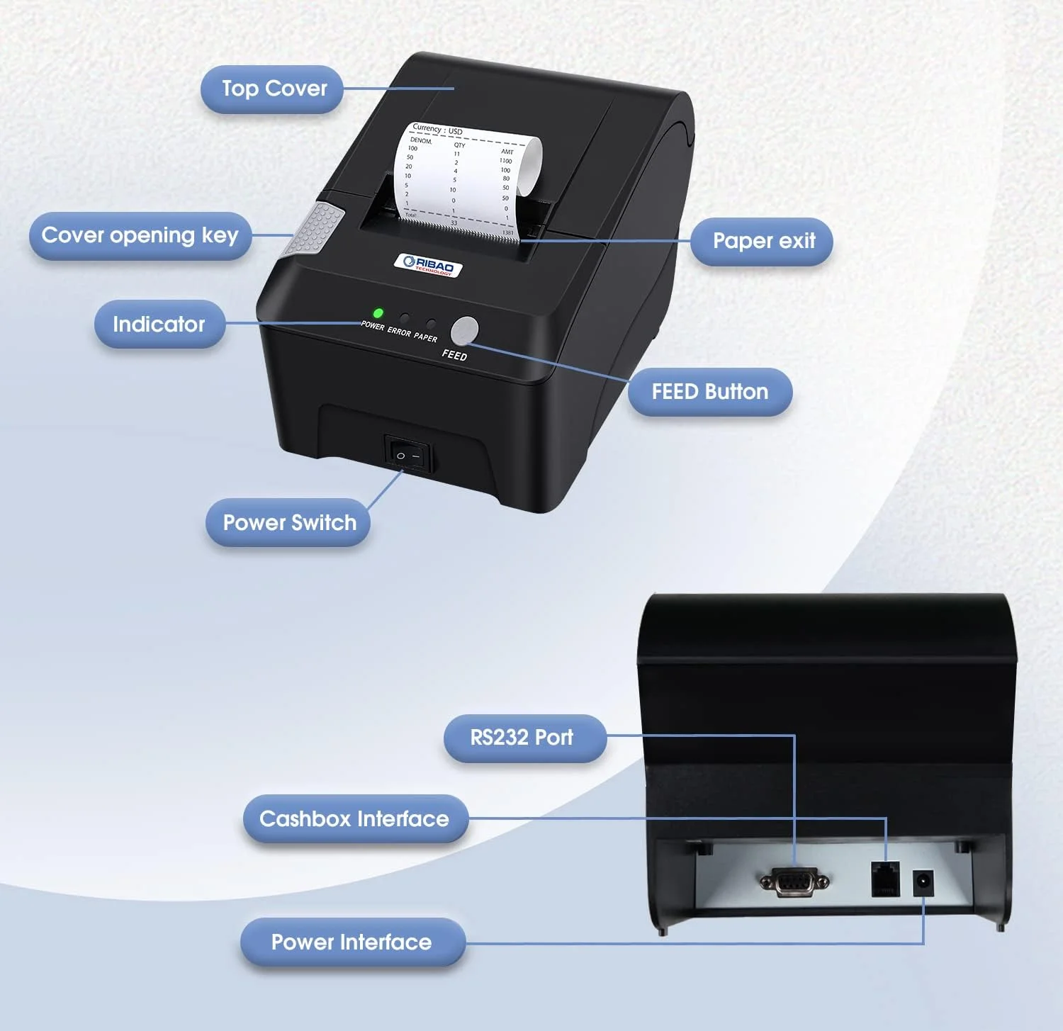 چاپگر حرارتی رسید POS ریبائو تکنولوژی، اتصال به شمارنده پول مخلوط BC-55 BC-40 BCS-160، رابط صندوق پول 58 میلیمتری RS232، سیستم ویندوز، نه برای iOS و نه برای Square چاپگر حرارتی رسید POS ریبائو تکنولوژی، اتصال به شمارنده پول مخلوط BC-55 BC-40 BCS-160، رابط صندوق پول 58 میلیمتری RS232، سیستم ویندوز، نه برای iOS و نه برای Square