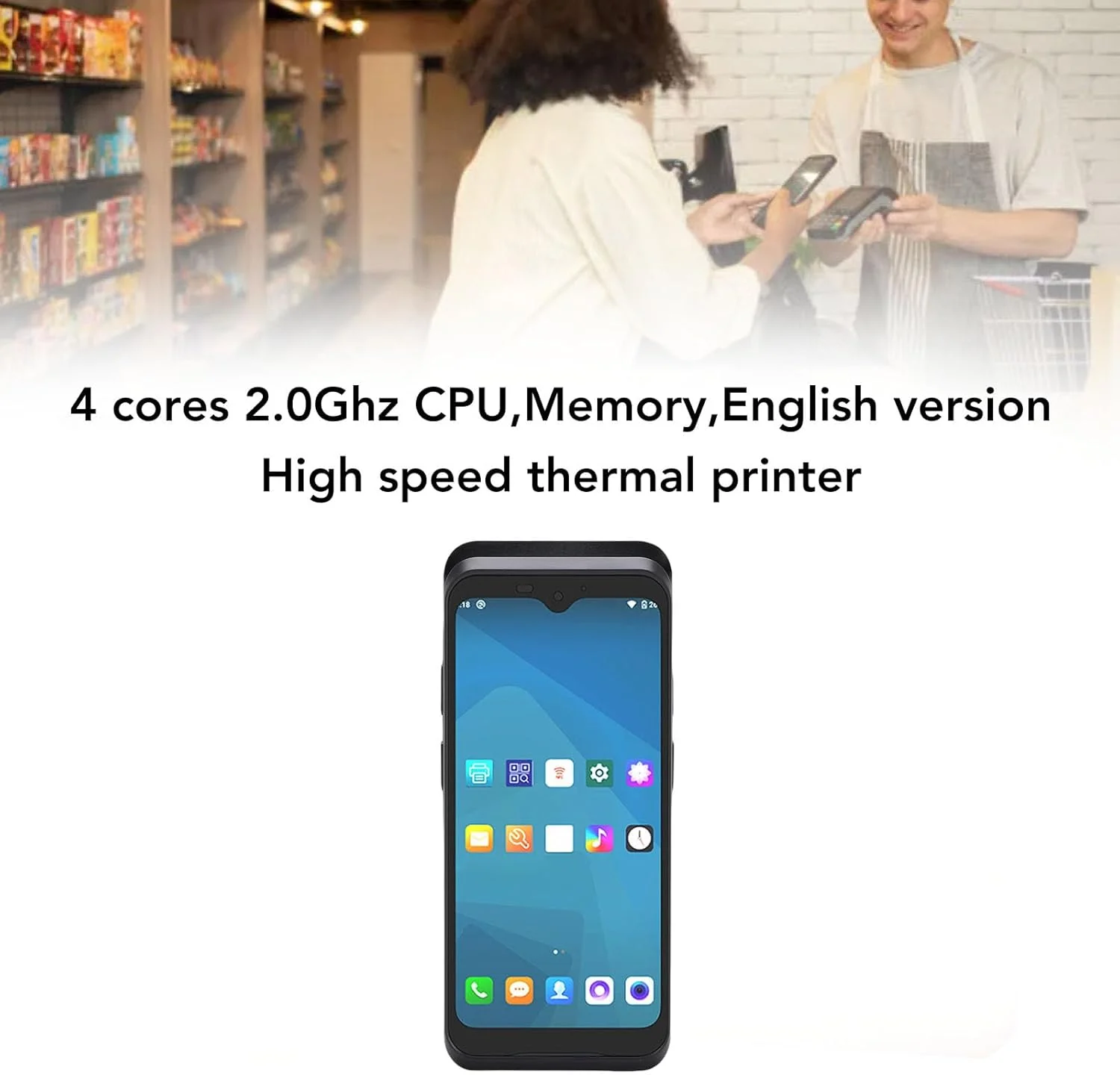 دستگاه چاپگر رسید POS دستی Depisuta، تبلت موبایل نقطه فروش با صفحه لمسی HD 6.2 اینچی، چاپگر حرارتی پرسرعت کاغذ 58 میلیمتری با دوربین 8 مگاپیکسلی داخلی، پشتیبانی از NFC، پشتیبانی از 2 گیگابایت رم + 16 گیگابایت دستگاه چاپگر رسید POS دستی Depisuta، تبلت موبایل نقطه فروش با صفحه لمسی HD 6.2 اینچی، چاپگر حرارتی پرسرعت کاغذ 58 میلیمتری با دوربین 8 مگاپیکسلی داخلی، پشتیبانی از NFC، پشتیبانی از 2 گیگابایت رم + 16 گیگابایت