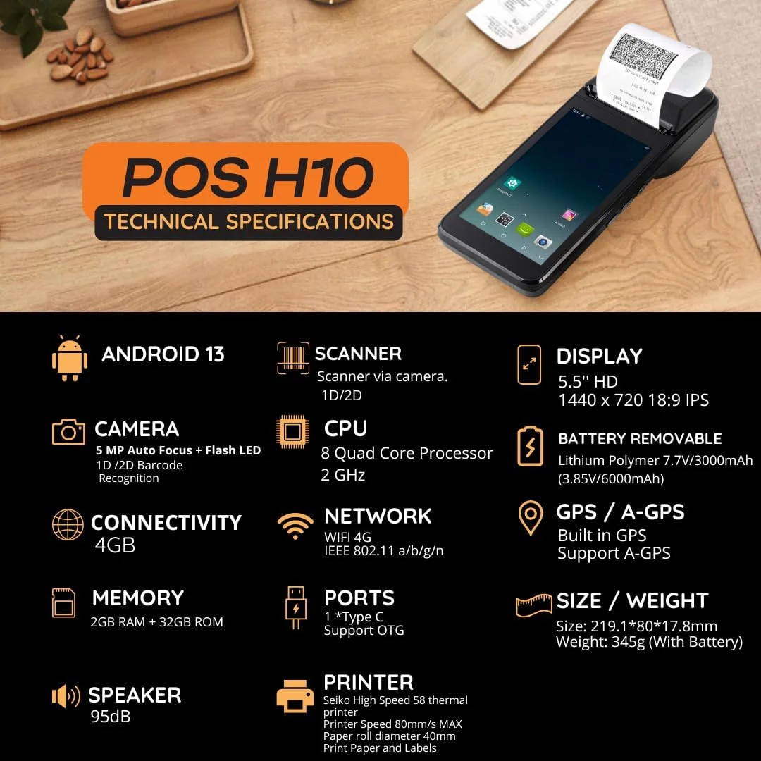 دستگاه پوز موبایل Multzo مدل H10 با پرینتر رسید حرارتی 58 میلیمتری و اندروید 13، صفحه نمایش لمسی 5.5 اینچی. تبلت فروشگاهی موبایل قابل حمل. اسکن بارکدهای 1D/2D/QR. پشتیبانی از 5G. رم 2 گیگابایتی + رام 16 گیگابایتی (مشکی) دستگاه پوز موبایل Multzo مدل H10 با پرینتر رسید حرارتی 58 میلیمتری و اندروید 13، صفحه نمایش لمسی 5.5 اینچی. تبلت فروشگاهی موبایل قابل حمل. اسکن بارکدهای 1D/2D/QR. پشتیبانی از 5G. رم 2 گیگابایتی + رام 16 گیگابایتی (مشکی)