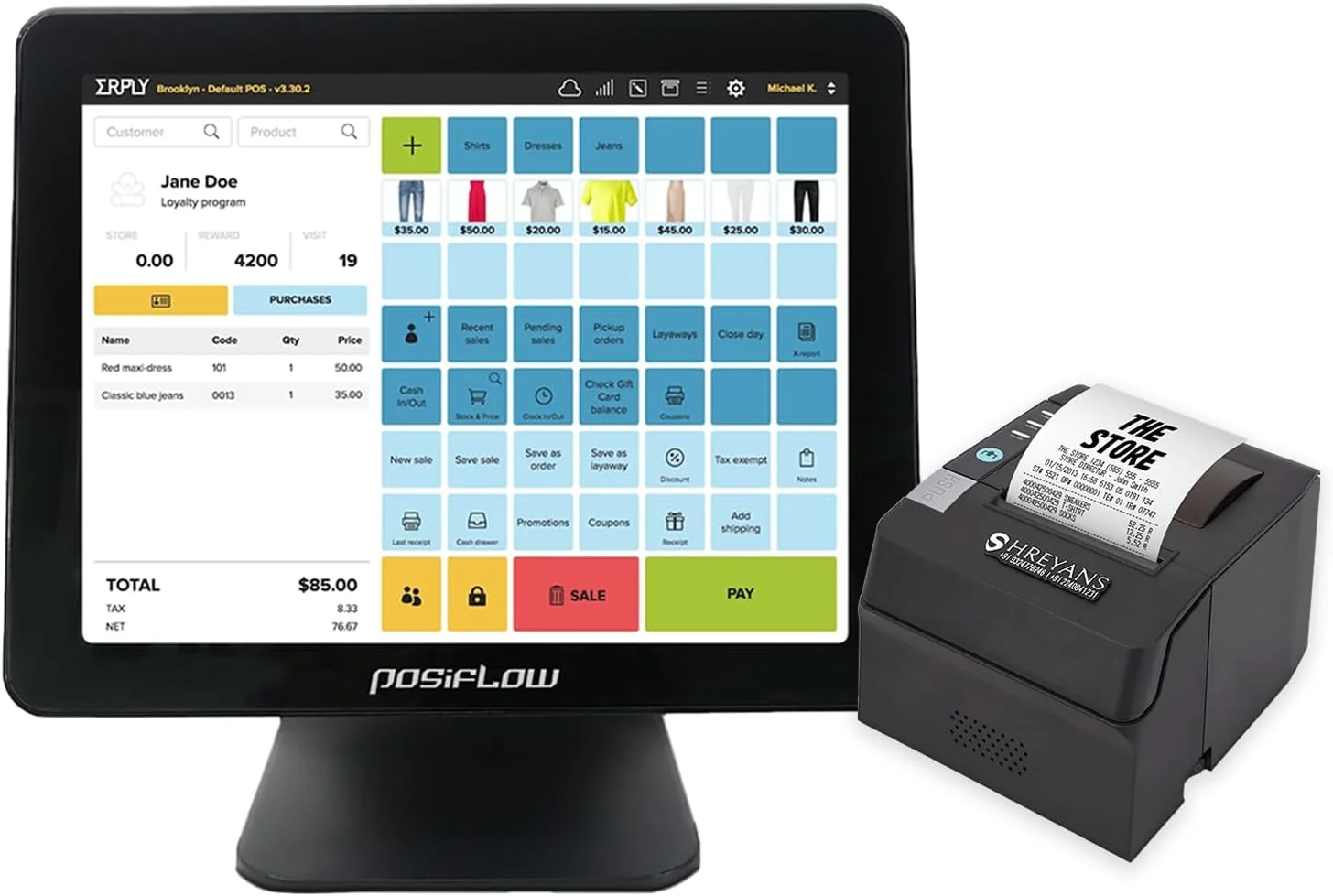 سیستم پوز لمسی ویندوزی SHREYANS Posiflow با نرم افزار حسابداری رایگان و پرینتر حرارتی 3 اینچی برش خودکار | بهترین برای رستوران ها، فروشگاه های خرده فروشی، سوپرمارکت ها، فروشگاه های مواد غذایی