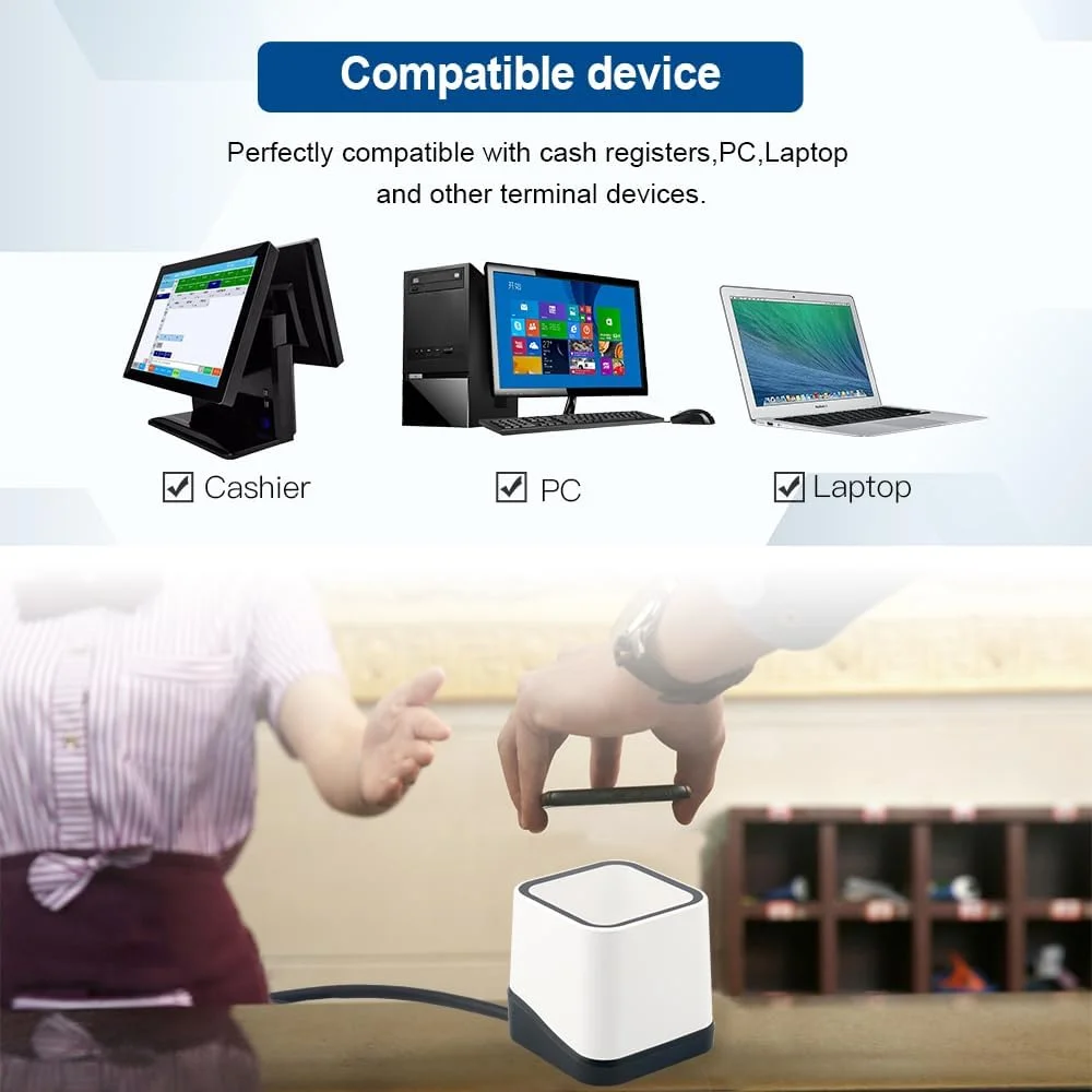 اسکنر بارکد رومیزی USB با سیم، اسکن خودکار بدون دست حسگر تصویر بارکد خوان QR 2D برای انبار، سوپرمارکت، فروشگاه خرده فروشی، سیستم پوز کتابفروشی (USB با سیم)