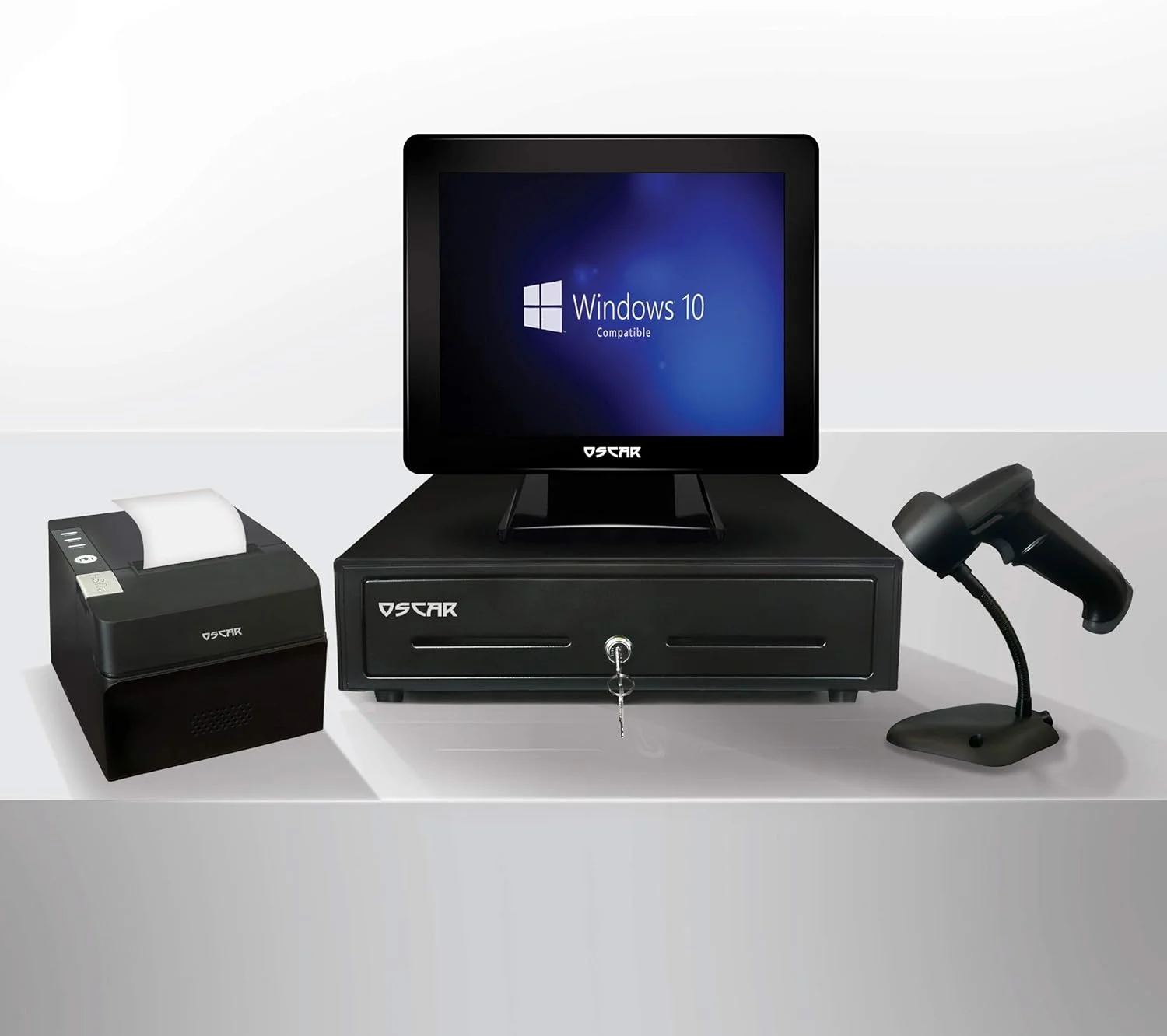 سیستم فروشگاهی OSCAR با پردازنده Core i5، رم 4 گیگابایت، حافظه SSD 128 گیگابایت | ترمینال POS لمسی 15 اینچی + چاپگر رسید 80 میلی‌متری + کشوی پول 5 اسکناس 8 سکه + بارکد اسکنر 1D (بدون نرم افزار POS)