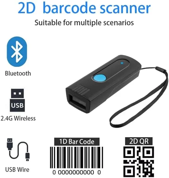 اسکنر بارکد بلوتوثی کوچک 3 در 1 قابل حمل بی سیم با سرعت بالا خواننده 1D 2D QR 2.4G اسکن جیبی کار با تبلت ها و کامپیوترهای ویندوز، اندروید و iOS