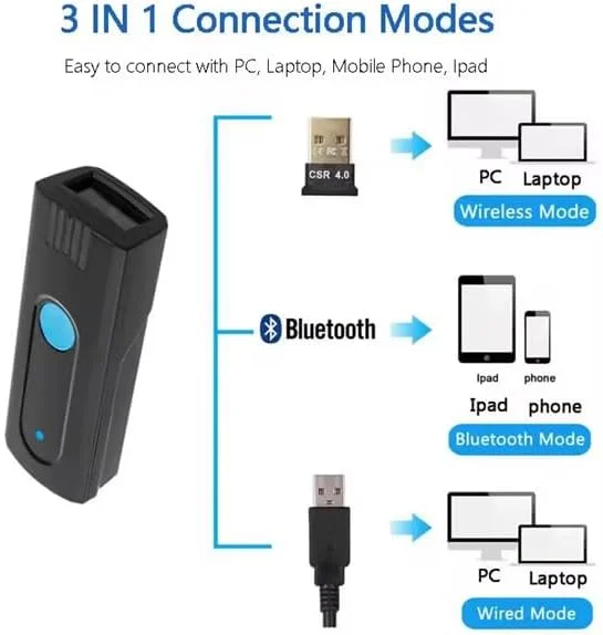 اسکنر بارکد بلوتوثی کوچک 3 در 1 قابل حمل بی سیم با سرعت بالا خواننده 1D 2D QR 2.4G اسکن جیبی کار با تبلت ها و کامپیوترهای ویندوز، اندروید و iOS