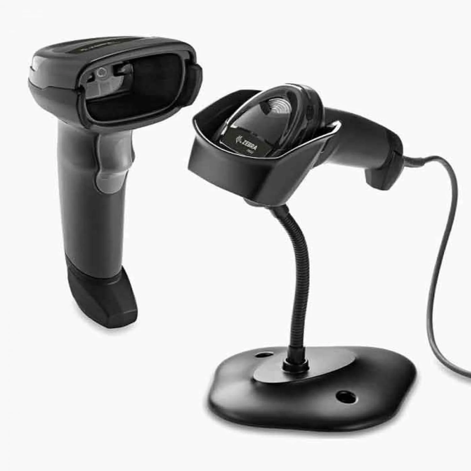 اسکنر بارکد سیمی دستی ZEBRA DS2208-USB همراه با پایه، کابل USB محافظ دار، مشکی، قابل اعتماد، بادوام، کیفیت و بهترین عملکرد برای اسکن بارکد در خرده فروشی مواد غذایی، پشتیبانی از WIN/IOS/ANDROID.