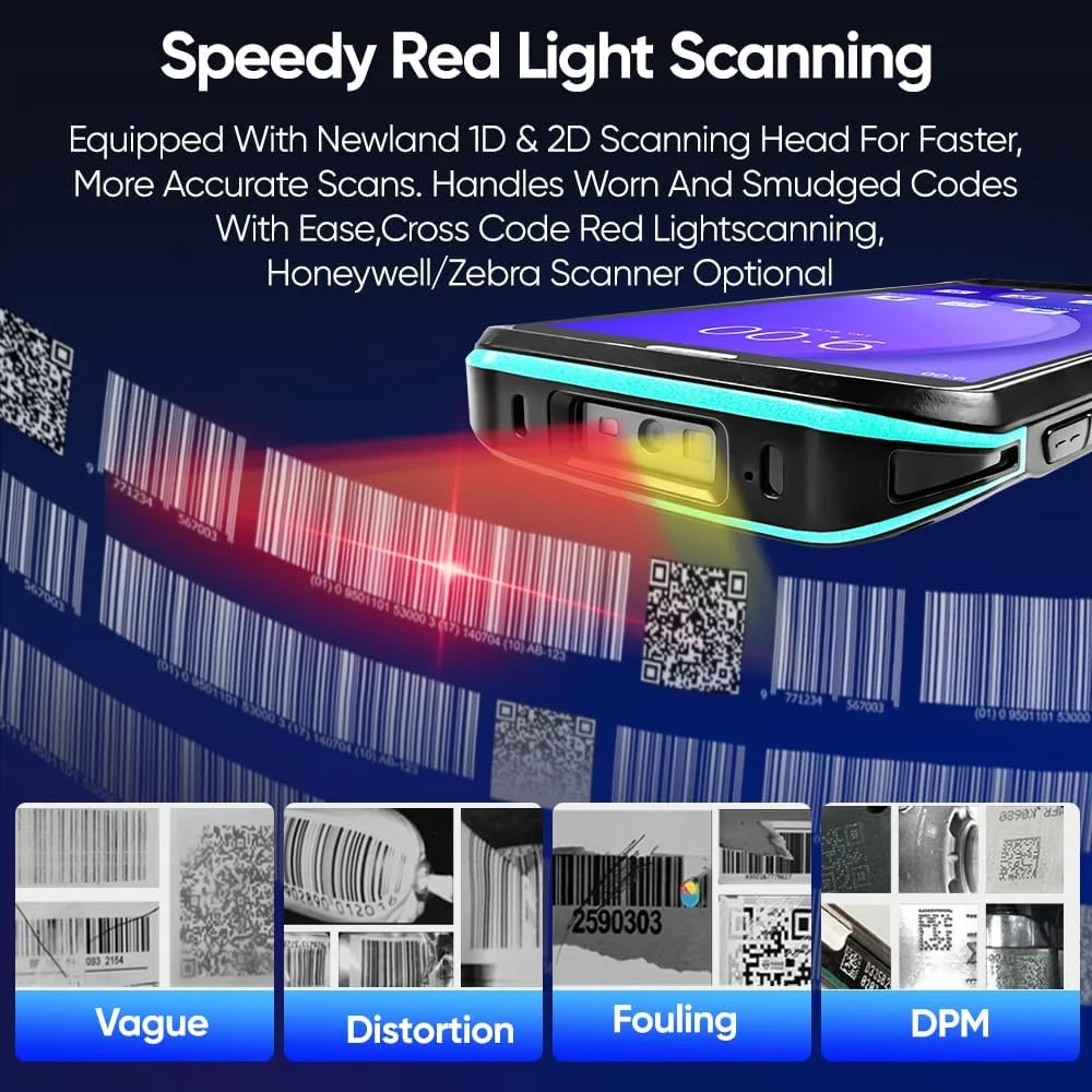 بارکد اسکنر FYJ اندروید 13 با صفحه نمایش 5.5 اینچی، 4 گیگابایت رم + 64 گیگابایت حافظه داخلی، PDA مقاوم و کامپیوتر موبایل دستی با اسکنر بارکد 1D/2D/QR برای انبار، لجستیک، موجودی