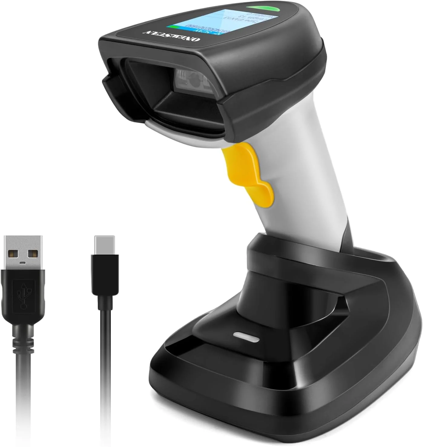 بارکد اسکنر بی سیم 1D، بارکد خوان ONEWSCAN با پایه شارژ هوشمند، اتصال بی سیم 2.4G و USB سیمی، اتصال آسان و سریع، اسکنر بارکد دستی با صفحه نمایش
