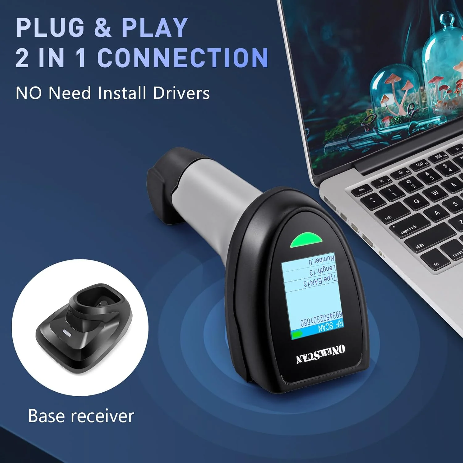 بارکد اسکنر بی سیم 1D، بارکد خوان ONEWSCAN با پایه شارژ هوشمند، اتصال بی سیم 2.4G و USB سیمی، اتصال آسان و سریع، اسکنر بارکد دستی با صفحه نمایش بارکد اسکنر بی سیم 1D، بارکد خوان ONEWSCAN با پایه شارژ هوشمند، اتصال بی سیم 2.4G و USB سیمی، اتصال آسان و سریع، اسکنر بارکد دستی با صفحه نمایش