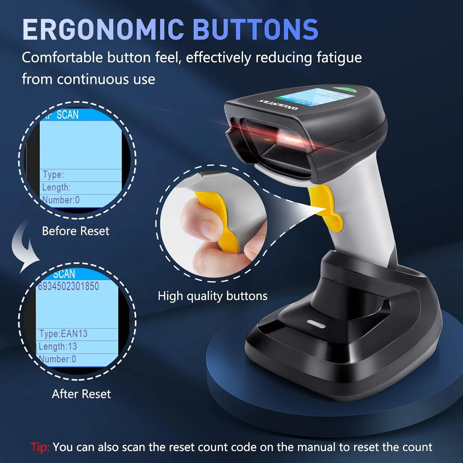 بارکد اسکنر بی سیم 1D، بارکد خوان ONEWSCAN با پایه شارژ هوشمند، اتصال بی سیم 2.4G و USB سیمی، اتصال آسان و سریع، اسکنر بارکد دستی با صفحه نمایش بارکد اسکنر بی سیم 1D، بارکد خوان ONEWSCAN با پایه شارژ هوشمند، اتصال بی سیم 2.4G و USB سیمی، اتصال آسان و سریع، اسکنر بارکد دستی با صفحه نمایش