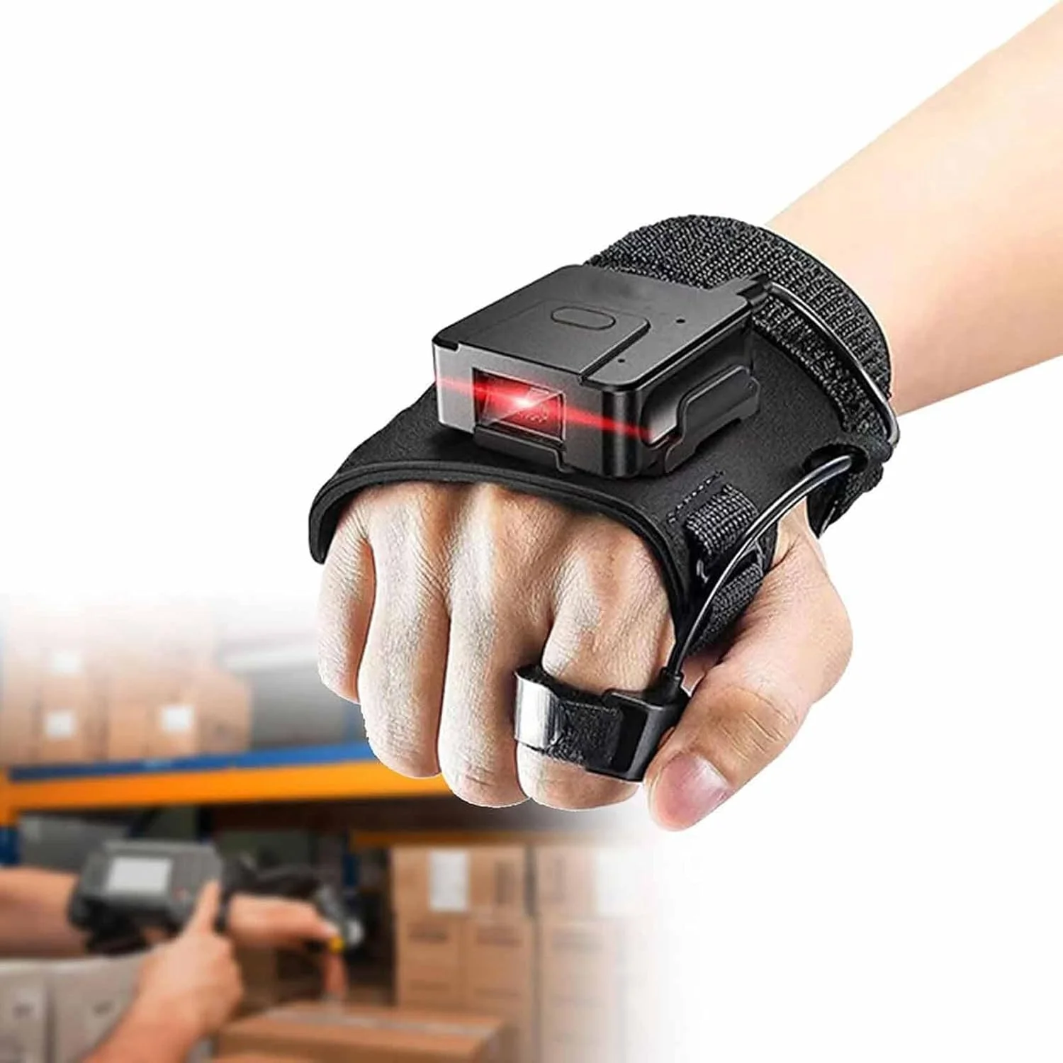 اسکنر بارکد قابل حمل، اسکنر اثر انگشت کد QR بی سیم یک بعدی دو بعدی، پوشیدنی با دست های چپ و راست، مورد استفاده برای بازرسی کالا، تدارکات، تحویل اکسپرس، مشکی