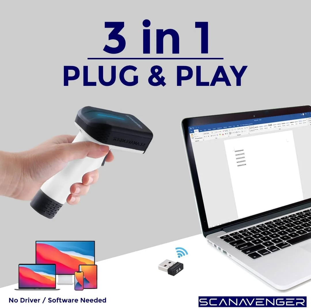 اسکنر بارکد بلوتوثی بی‌سیم قابل حمل 1D و 2D ScanAvenger با پایه: اسکنر دستی 3 در 1، بی‌سیم، اسکن تفنگی قابل شارژ برای انبار - بارکد خوان/QR خوان USB (پایه نسل بعدی ارتقا یافته 1D و 2D)
