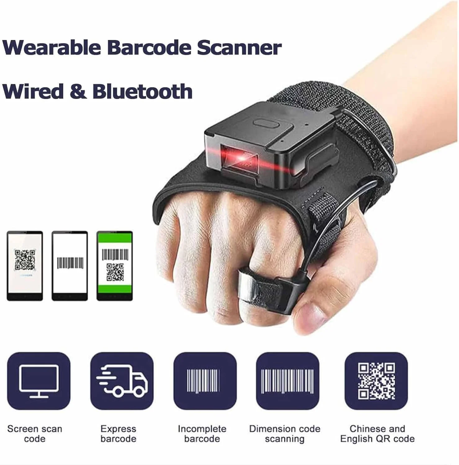 اسکنر بارکد قابل حمل، اسکنر اثر انگشت کد QR بی سیم یک بعدی دو بعدی، پوشیدنی با دست های چپ و راست، مورد استفاده برای بازرسی کالا، تدارکات، تحویل اکسپرس، مشکی اسکنر بارکد قابل حمل، اسکنر اثر انگشت کد QR بی سیم یک بعدی دو بعدی، پوشیدنی با دست های چپ و راست، مورد استفاده برای بازرسی کالا، تدارکات، تحویل اکسپرس، مشکی
