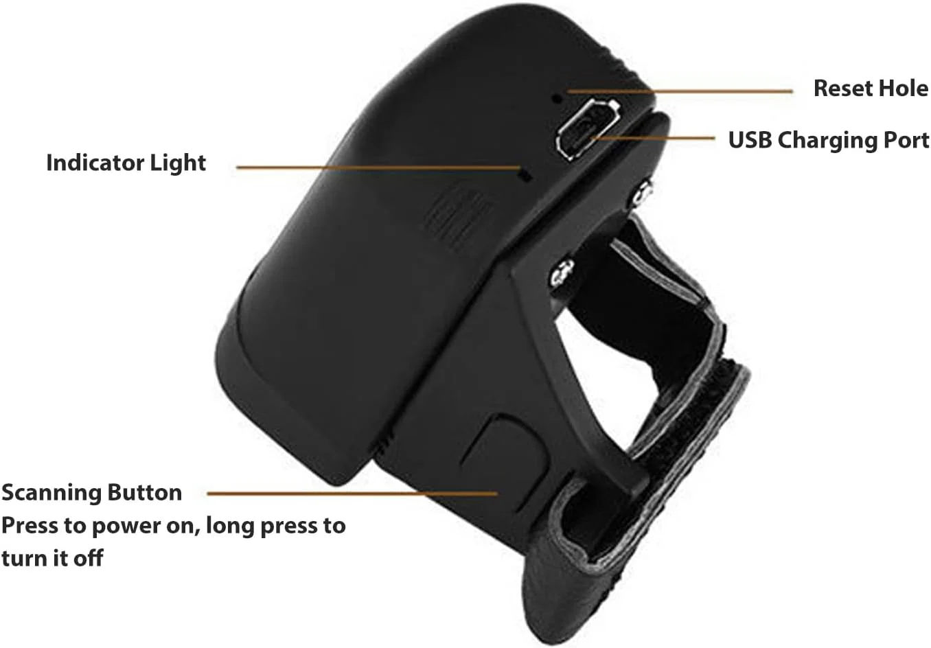 اسکنر بارکد انگشتی 1D 2D بی سیم CCD با باتری داخلی، حافظه بزرگ و عملکرد چندگانه سازگار با iOS، اندروید و ویندوز