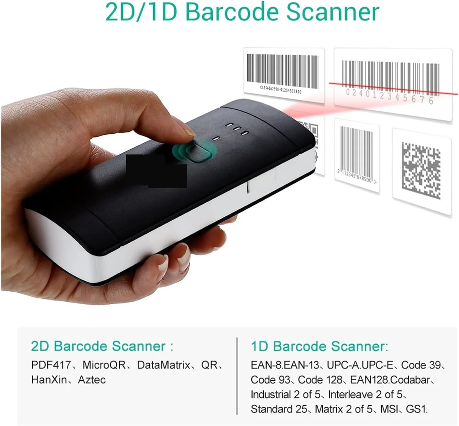 اسکنر بارکد دستی RTYUTT بی سیم 2D اسکنر 1D 2D PDF417 QR کد اسکنر بارکد بی سیم جیبی