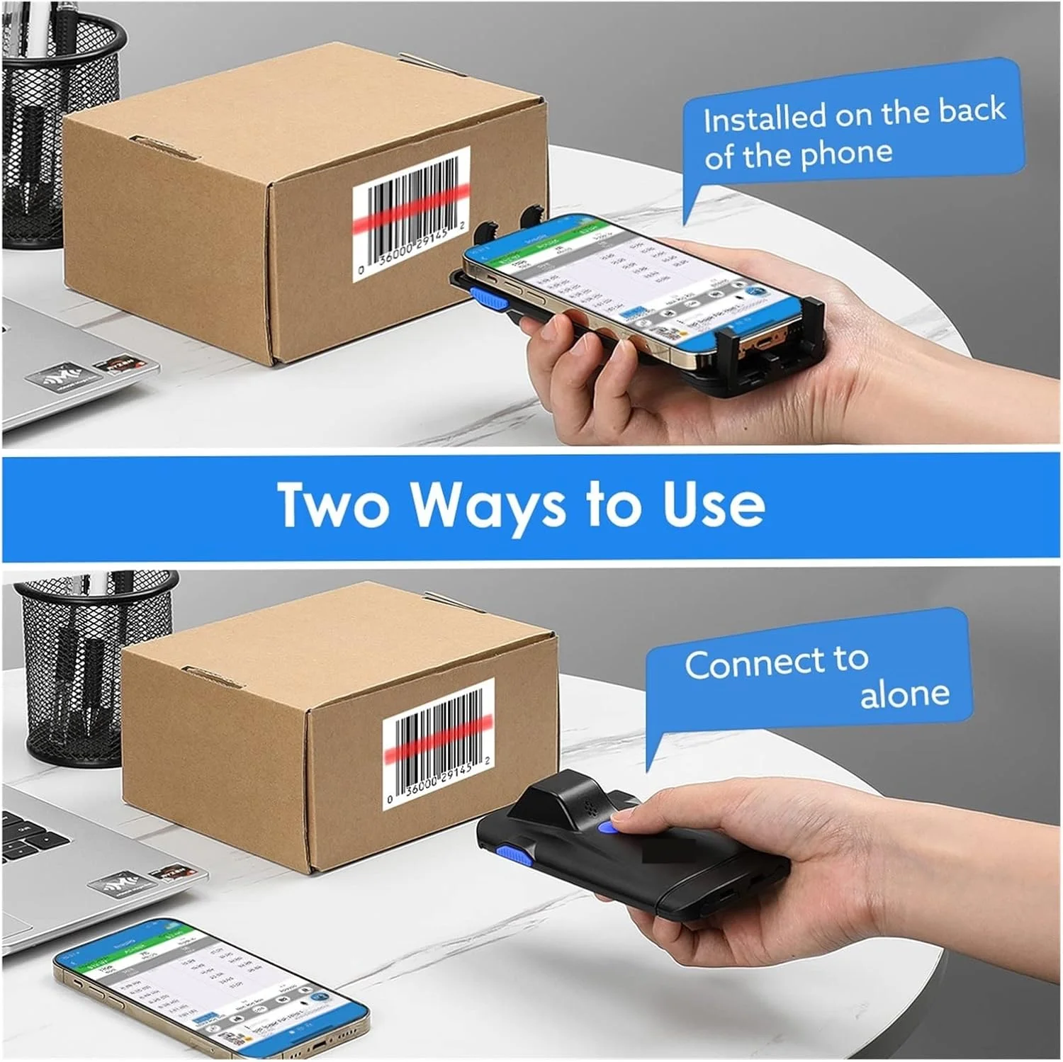 اسکنر بارکد ERTUUYD، اسکنر بارکد دوبعدی، اسکنر گیره پشتی موبایل، اسکنر قابل حمل 3 در 1 USB و بی سیم قابل شارژ