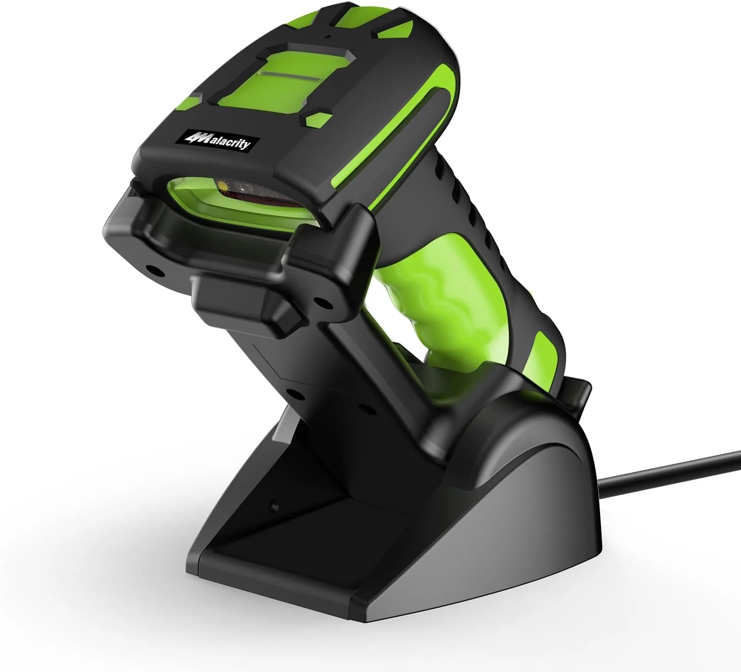 اسکنر بارکد بی سیم Alacrity با عملکرد شارژ، پشتیبانی از نمادهای 1D/2D، سنسور اسکن شاتر جهانی، اتصال بی سیم 433 مگاهرتز و بلوتوث با برد طولانی، ضد ضربه و ضد گرد و غبار، سبز