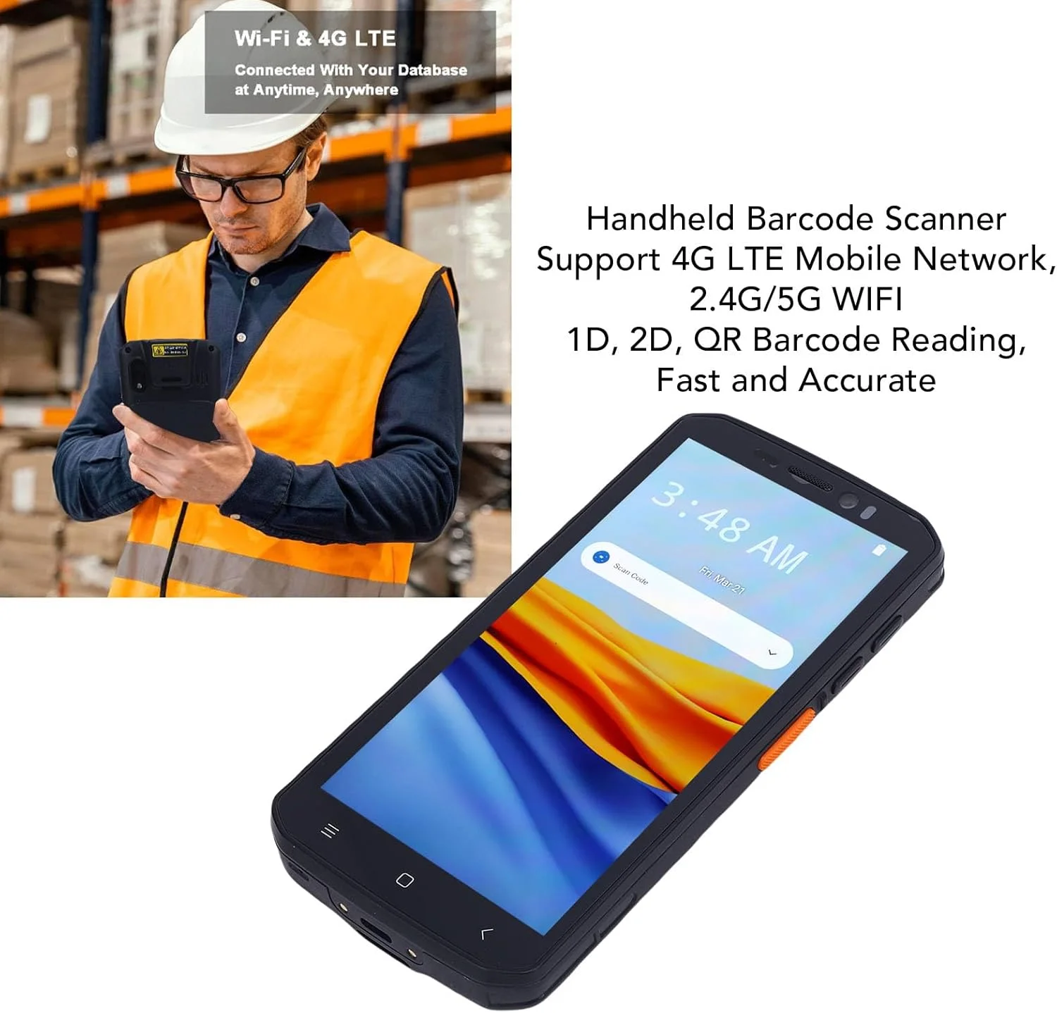 اسکنر بارکد NFC Annadue، بارکد خوان بلوتوثی NFC 1D 2D QR برای اندروید 14، 4G LTE، 2.4G 5G WIFI، صفحه لمسی 5.5 اینچی، 4 گیگابایت رم 64 گیگابایت رام، چراغ قوه