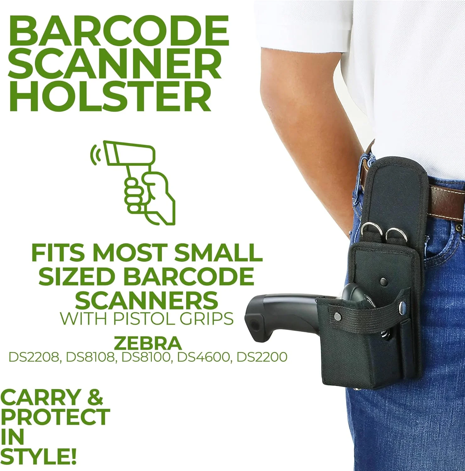 هولستر بی سیم اسکنر e-Holster (کوچک) | کیف نایلونی بالستیک برای اسکنر بارکد 1D و 2D | گیره کمربند، حلقه کمربند، بند شانه | مناسب برای اسکنر زبرا DS2208/8108/8100/4600/2200