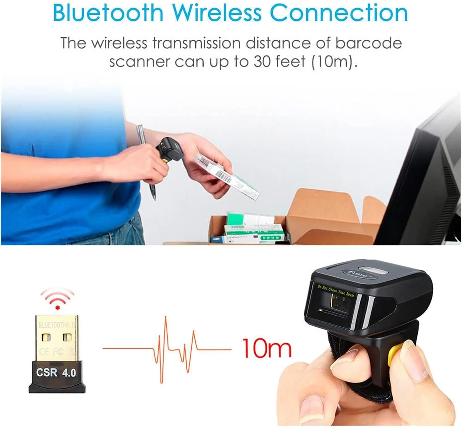 اسکنر بارکد دستی RTYUTT، اسکنر بارکد انگشتی مینی بی سیم بلوتوثی، اسکنر بارکد 1D، اسکنر 2D (اسکنر 1D)