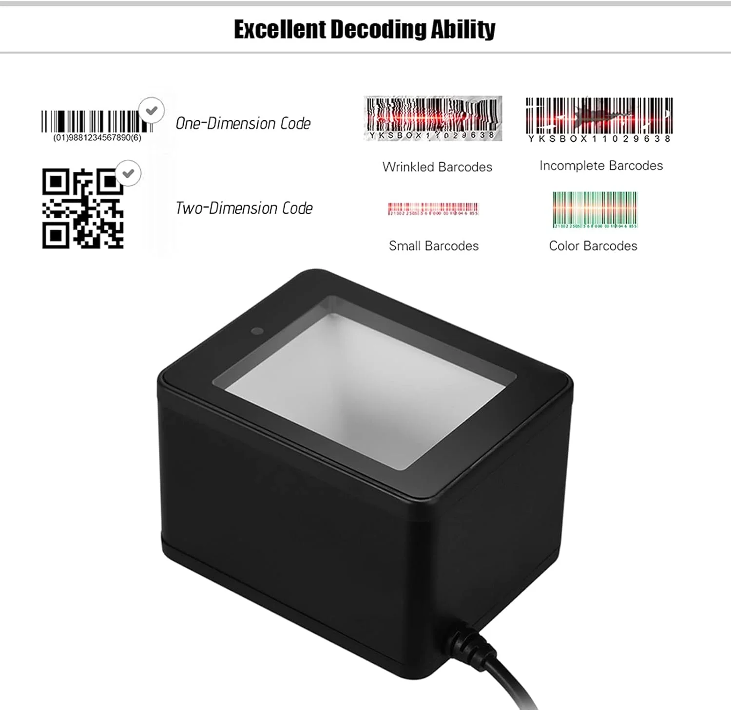 اسکنر بارکد YHD 9800 دسکتاپ 1D 2D QR با سیم USB، تصویر CMOS، دستی برای پرداخت موبایلی، بلیط الکترونیکی، اتوماسیون اداری، کیوسک ها و تجهیزات اسکنر بارکد YHD 9800 دسکتاپ 1D 2D QR با سیم USB، تصویر CMOS، دستی برای پرداخت موبایلی، بلیط الکترونیکی، اتوماسیون اداری، کیوسک ها و تجهیزات