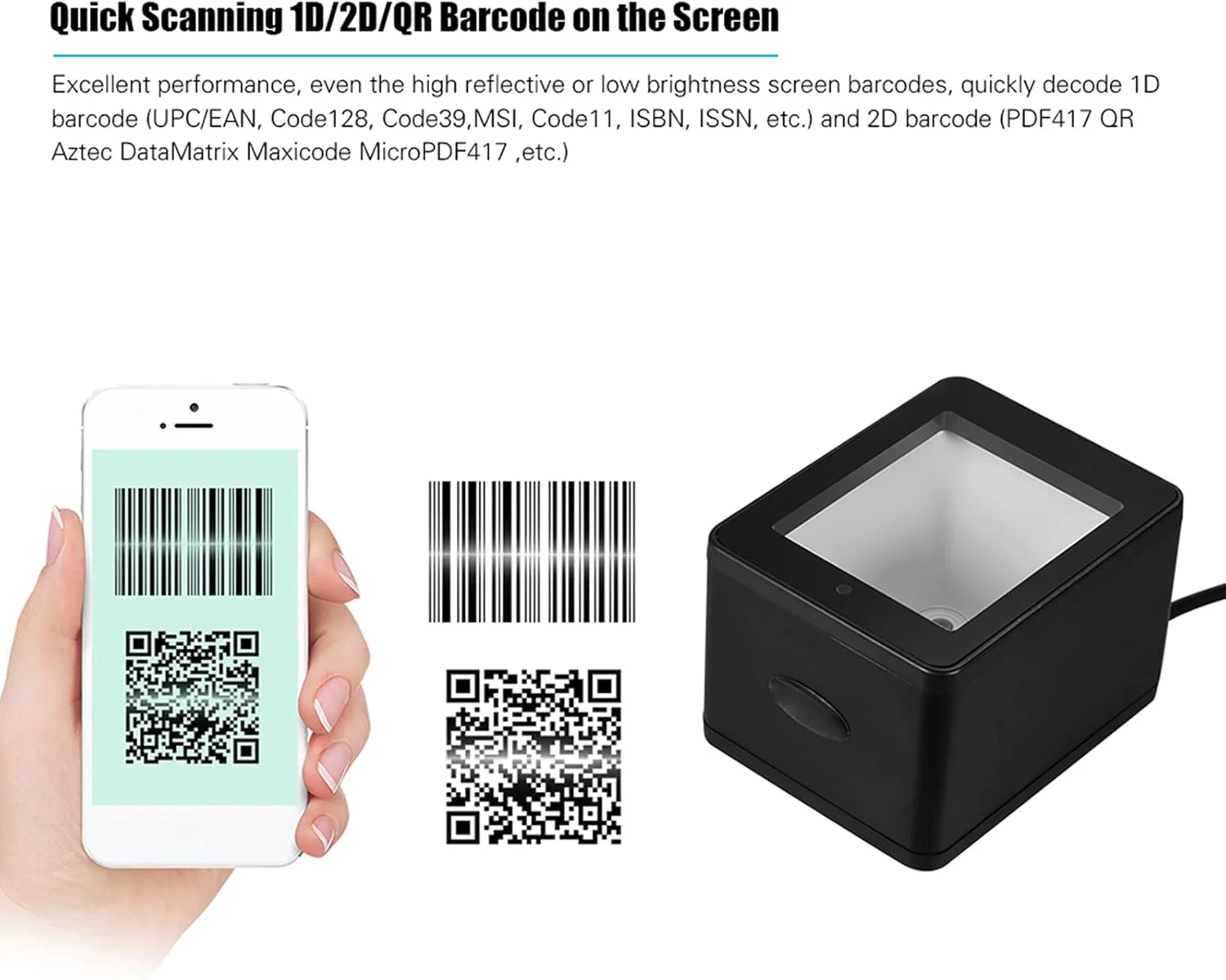 اسکنر بارکد YHD 9800 دسکتاپ 1D 2D QR با سیم USB، تصویر CMOS، دستی برای پرداخت موبایلی، بلیط الکترونیکی، اتوماسیون اداری، کیوسک ها و تجهیزات اسکنر بارکد YHD 9800 دسکتاپ 1D 2D QR با سیم USB، تصویر CMOS، دستی برای پرداخت موبایلی، بلیط الکترونیکی، اتوماسیون اداری، کیوسک ها و تجهیزات