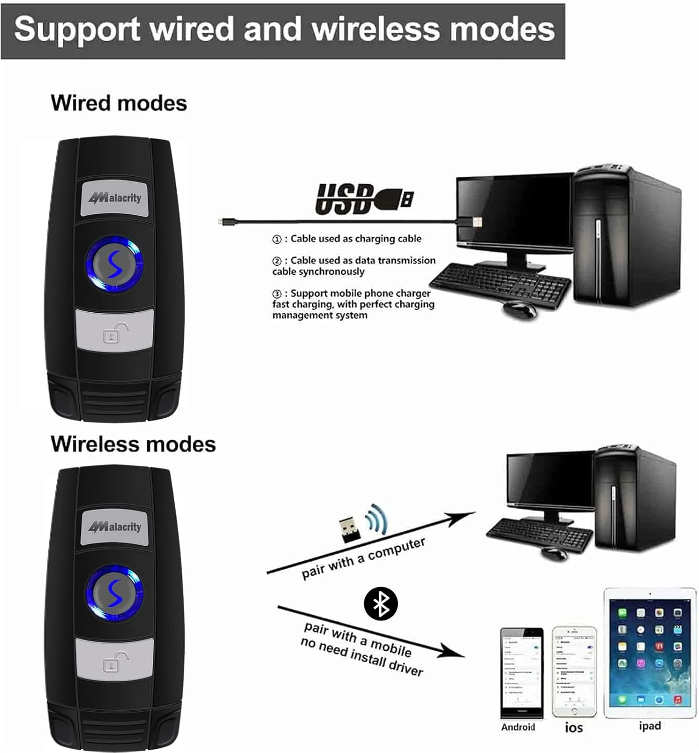 اسکنر بارکد بلوتوثی Alacrity، اسکنر بارکد دستی مینی 1D قابل حمل 3 در 1، اسکن بارکد خوان سازگار با ویندوز، اندروید، iOS، تبلت ها یا کامپیوترها، قابلیت اسکن بارکد روی صفحه