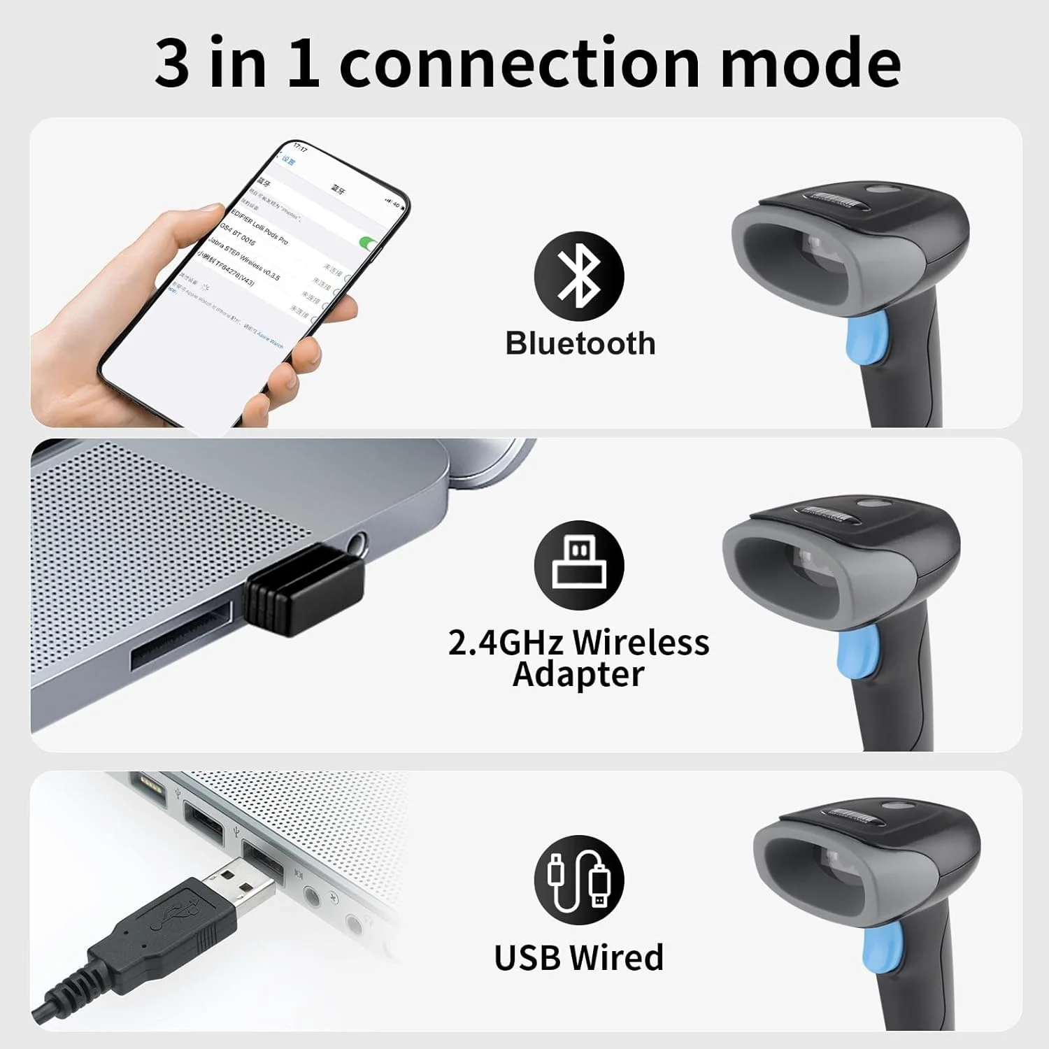اسکنر بارکد بی سیم TERRIFI 1D/2D/QR، بارکد خوان لیزری دستی 3 در 1 با بلوتوث و بی سیم 2.4G و USB سیمی، فاصله انتقال 100 متری، ضد ضربه و گرد و غبار، بدون نیاز به دست
