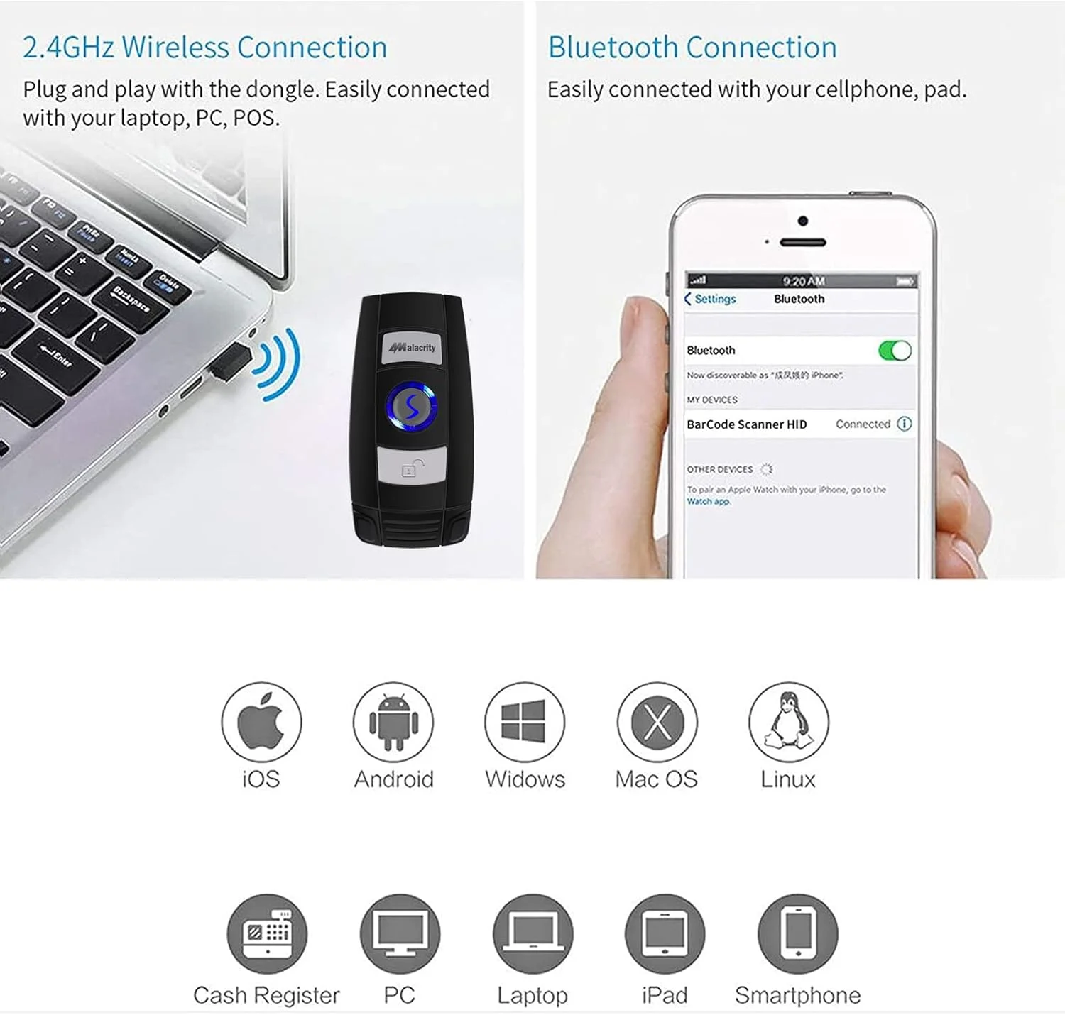 اسکنر بارکد بلوتوثی Alacrity، اسکنر بارکد دستی مینی 1D قابل حمل 3 در 1، اسکن بارکد خوان سازگار با ویندوز، اندروید، iOS، تبلت ها یا کامپیوترها، قابلیت اسکن بارکد روی صفحه