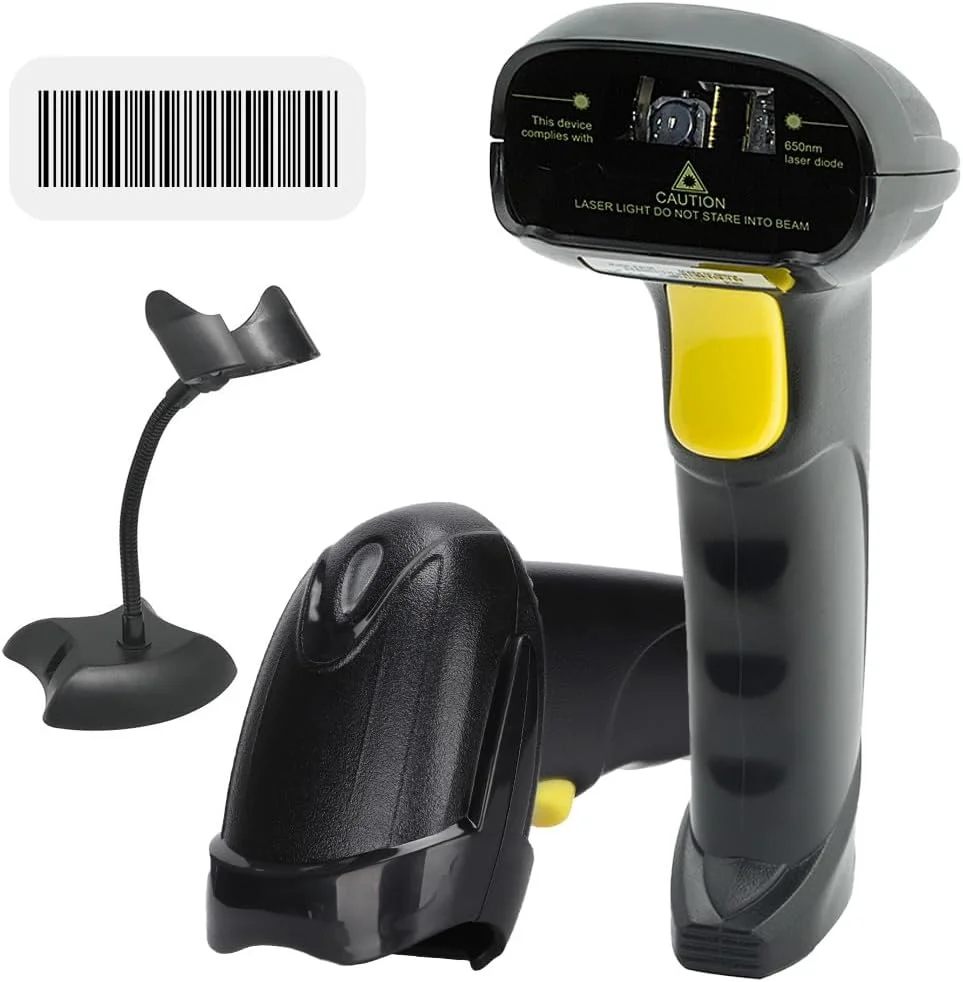 اسکنر بارکد VITION سیمی USB اتوماتیک، بارکد خوان دستی، اسکنر بارکد دستی برای کامپیوتر، POS، لپ تاپ با پایه (1D – 9102AT)