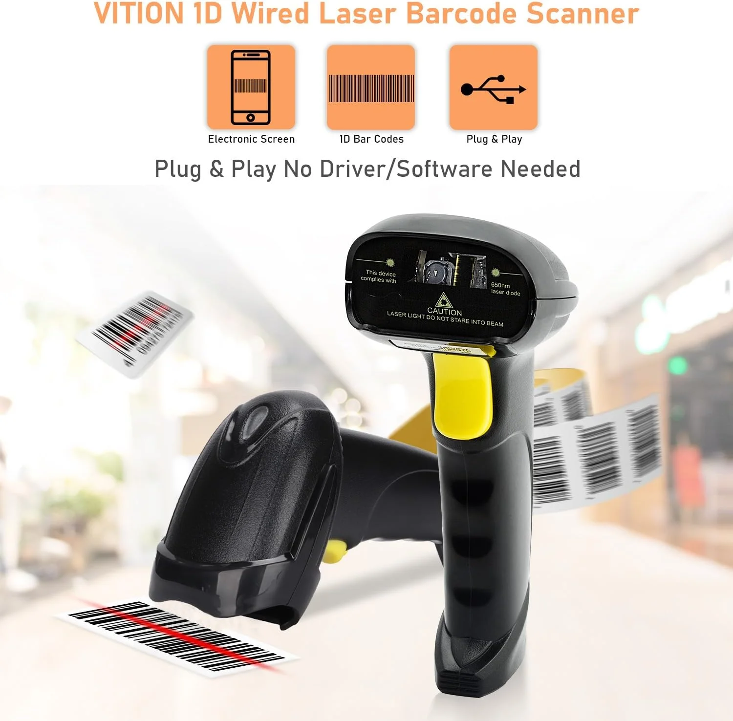 اسکنر بارکد VITION سیمی USB اتوماتیک، بارکد خوان دستی، اسکنر بارکد دستی برای کامپیوتر، POS، لپ تاپ با پایه (1D – 9102AT)