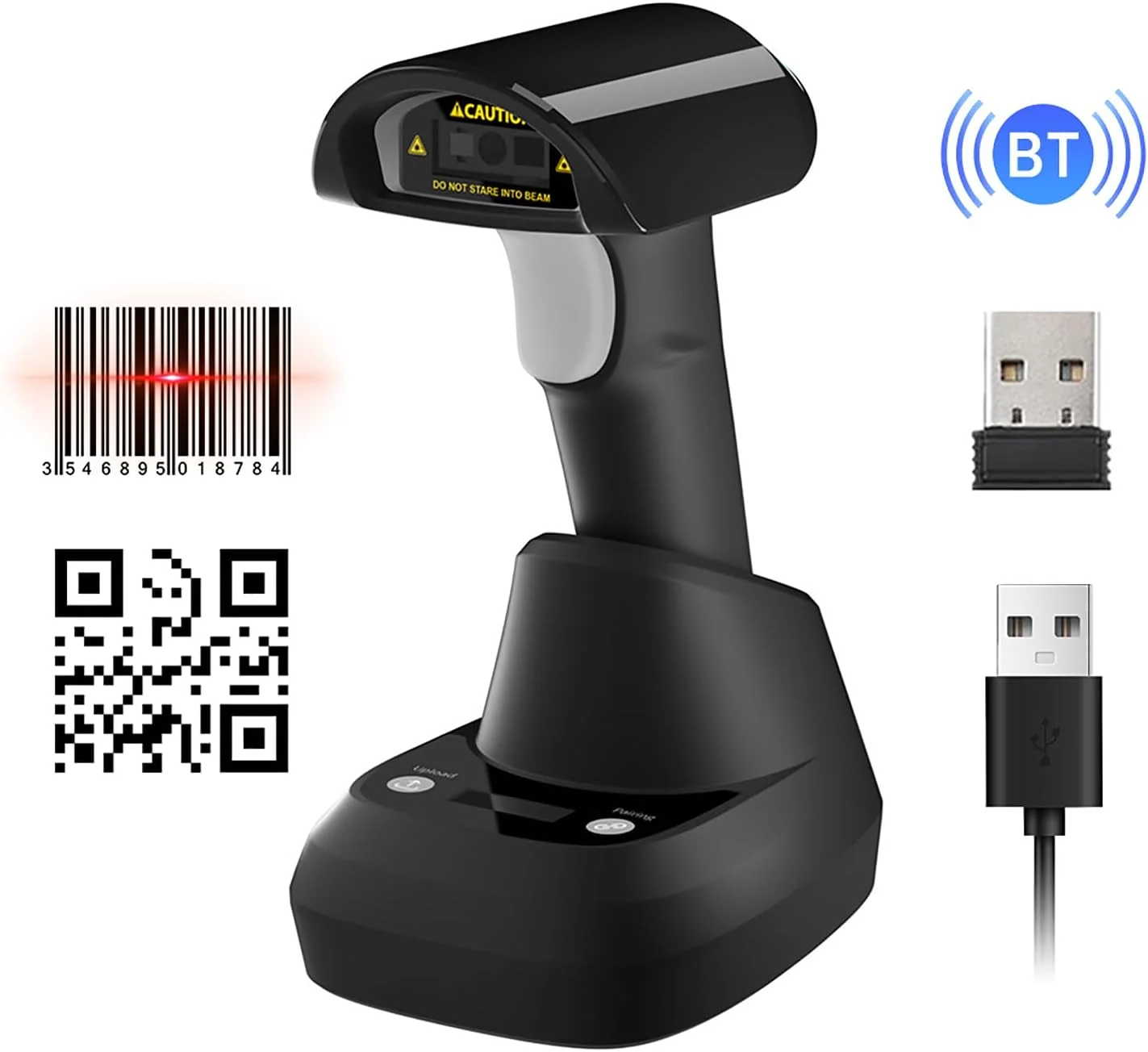 اسکنر بارکد 2D 1D بی‌سیم با اتصال BT+2.4G+USB سیمی، پایه اسکن با قابلیت شارژ بی‌سیم، نمایشگر OLED برای خواندن کدهای کاغذی و صفحه نمایش، سازگار با...