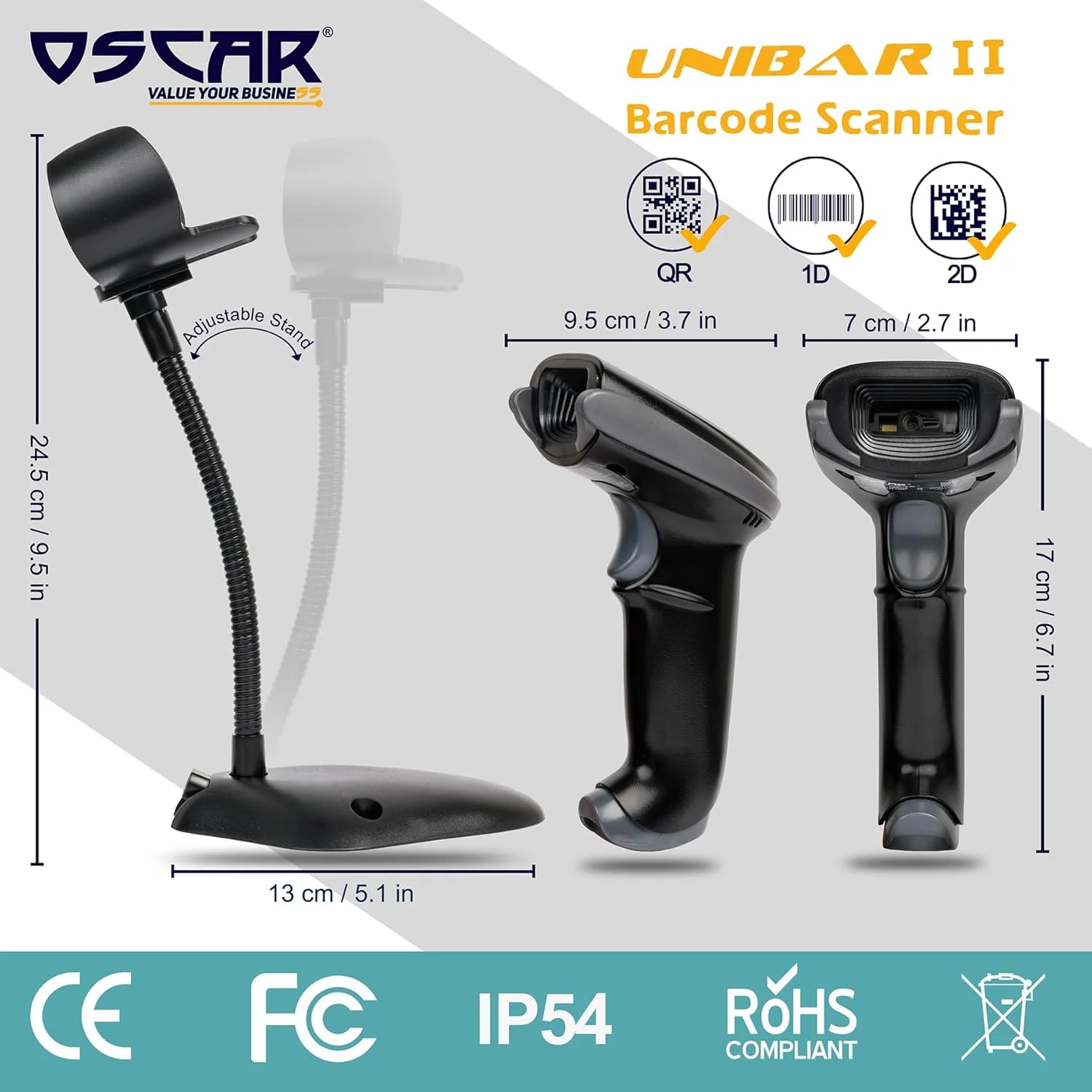 بارکد خوان OSCAR UniBar II 1D QR 2D | تصویرگر منطقه ای اتوماتیک | USB + COM مجازی | سیمی با پایه | اسکن کد QR از تلفن همراه | Android، iOS، MacOS، Windows | سرعت فوق العاده بالا