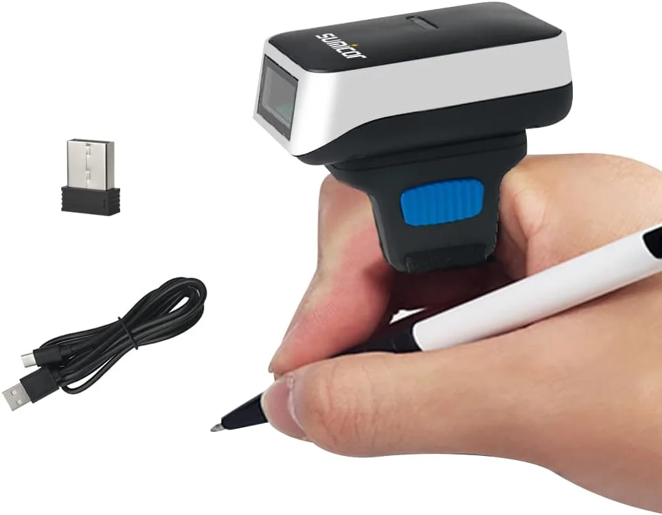 اسکنر بارکد انگشتی بلوتوثی Sumicor، بارکد خوان انگشتی پوشیدنی Sumicor، بارکد خوان قابل حمل کوچک 3 در 1 بلوتوث و 2.4 گیگاهرتز بی سیم و USB سازگار با iOS Android Windows Linux Mac OS (1D)