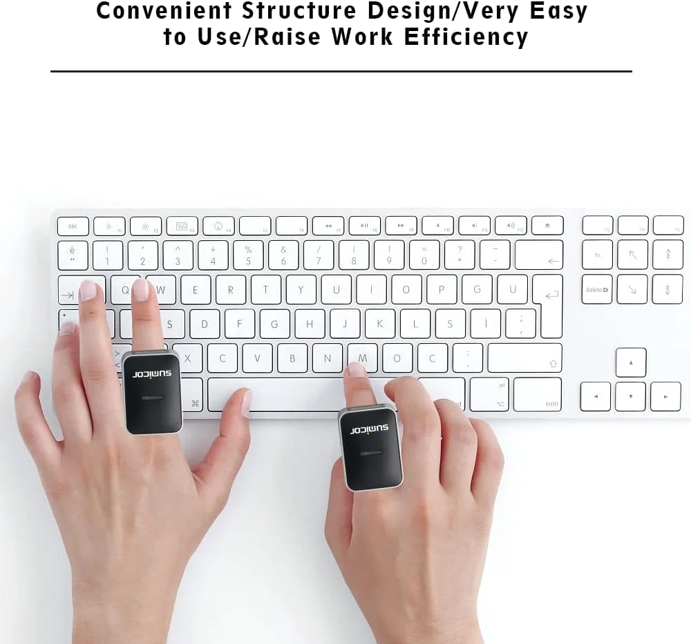 اسکنر بارکد انگشتی بلوتوثی Sumicor، بارکد خوان انگشتی پوشیدنی Sumicor، بارکد خوان قابل حمل کوچک 3 در 1 بلوتوث و 2.4 گیگاهرتز بی سیم و USB سازگار با iOS Android Windows Linux Mac OS (1D)