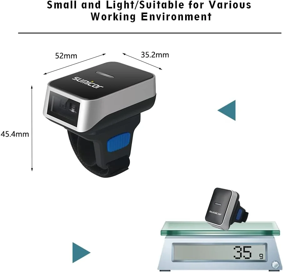 اسکنر بارکد انگشتی بلوتوثی Sumicor، بارکد خوان انگشتی پوشیدنی Sumicor، بارکد خوان قابل حمل کوچک 3 در 1 بلوتوث و 2.4 گیگاهرتز بی سیم و USB سازگار با iOS Android Windows Linux Mac OS (1D)