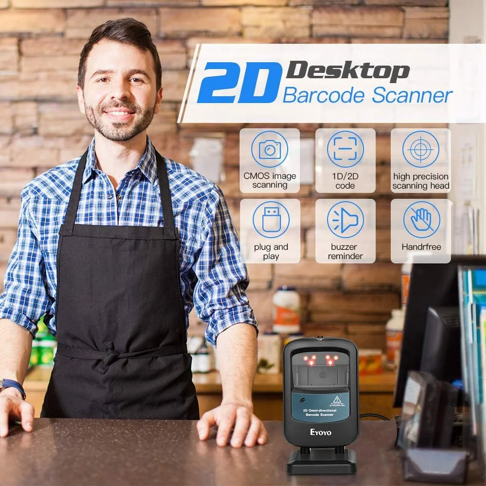 اسکنر بارکد دو بعدی هندزفری Eyoyo، بارکد خوان رومیزی سیمی USB چند جهته 1D 2D PDF417 Data Matrix با اسکن خودکار برای فروشگاه های خرده فروشی، سوپرمارکت ها، مراکز خرید و کسب و کارها