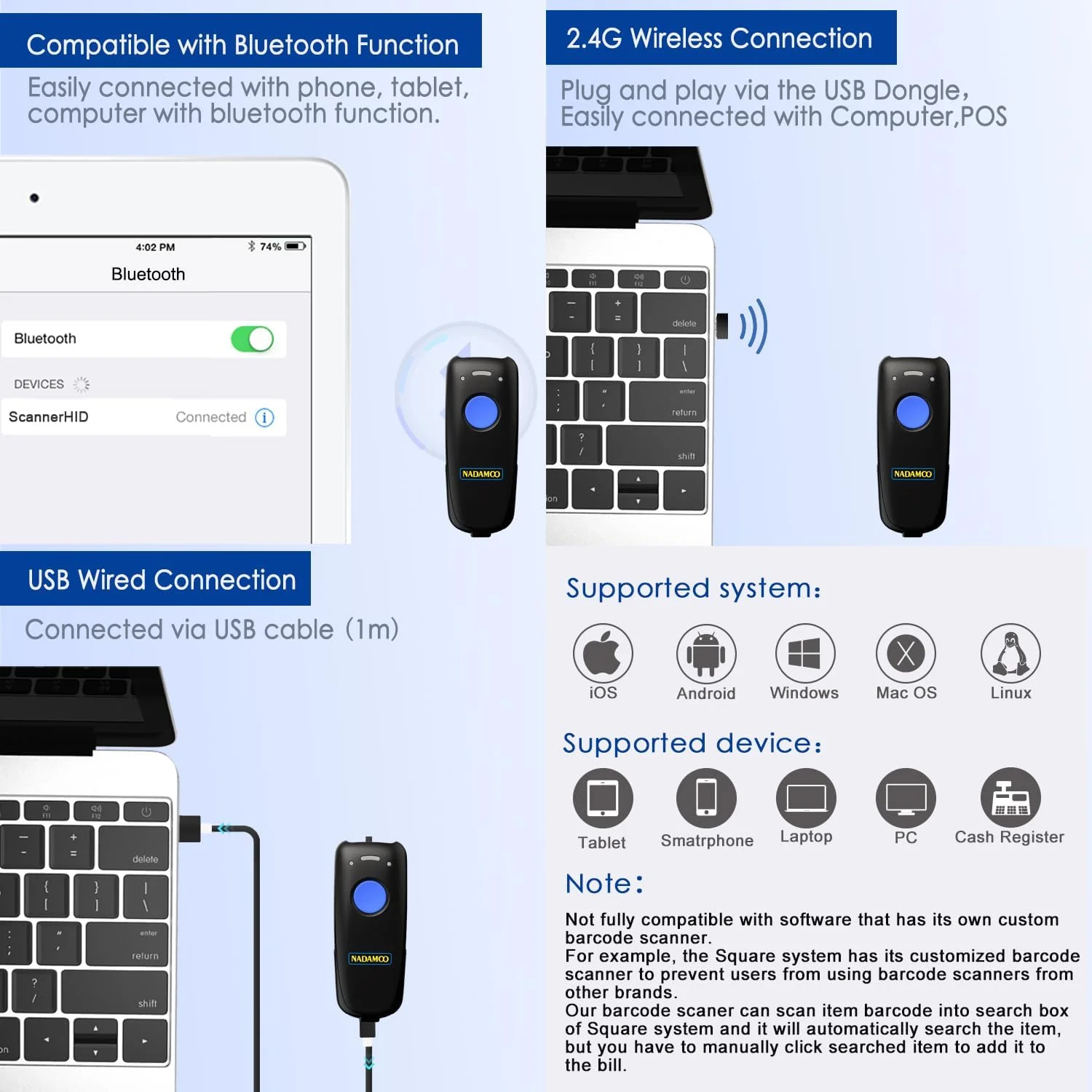 بارکد خوان بی سیم NADAMOO سازگار با بلوتوث، بارکد خوان 3 در 1 بی سیم 2.4G و سیمی، اسکنر USB CCD قابل حمل، سازگار با آیفون، آیپد، اندروید، ویندوز، مک OS - آبی تیره