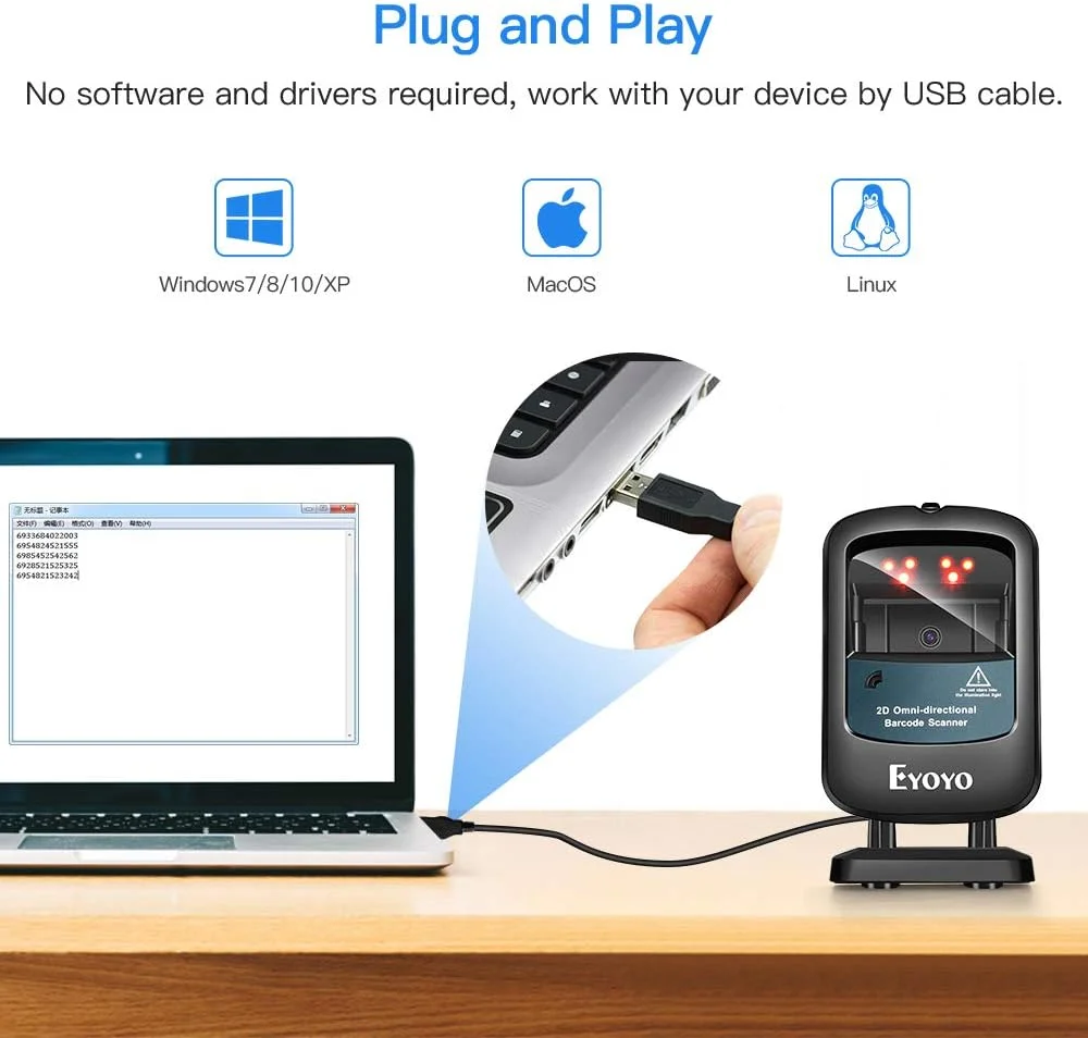 اسکنر بارکد دو بعدی هندزفری Eyoyo، بارکد خوان رومیزی سیمی USB چند جهته 1D 2D PDF417 Data Matrix با اسکن خودکار برای فروشگاه های خرده فروشی، سوپرمارکت ها، مراکز خرید و کسب و کارها