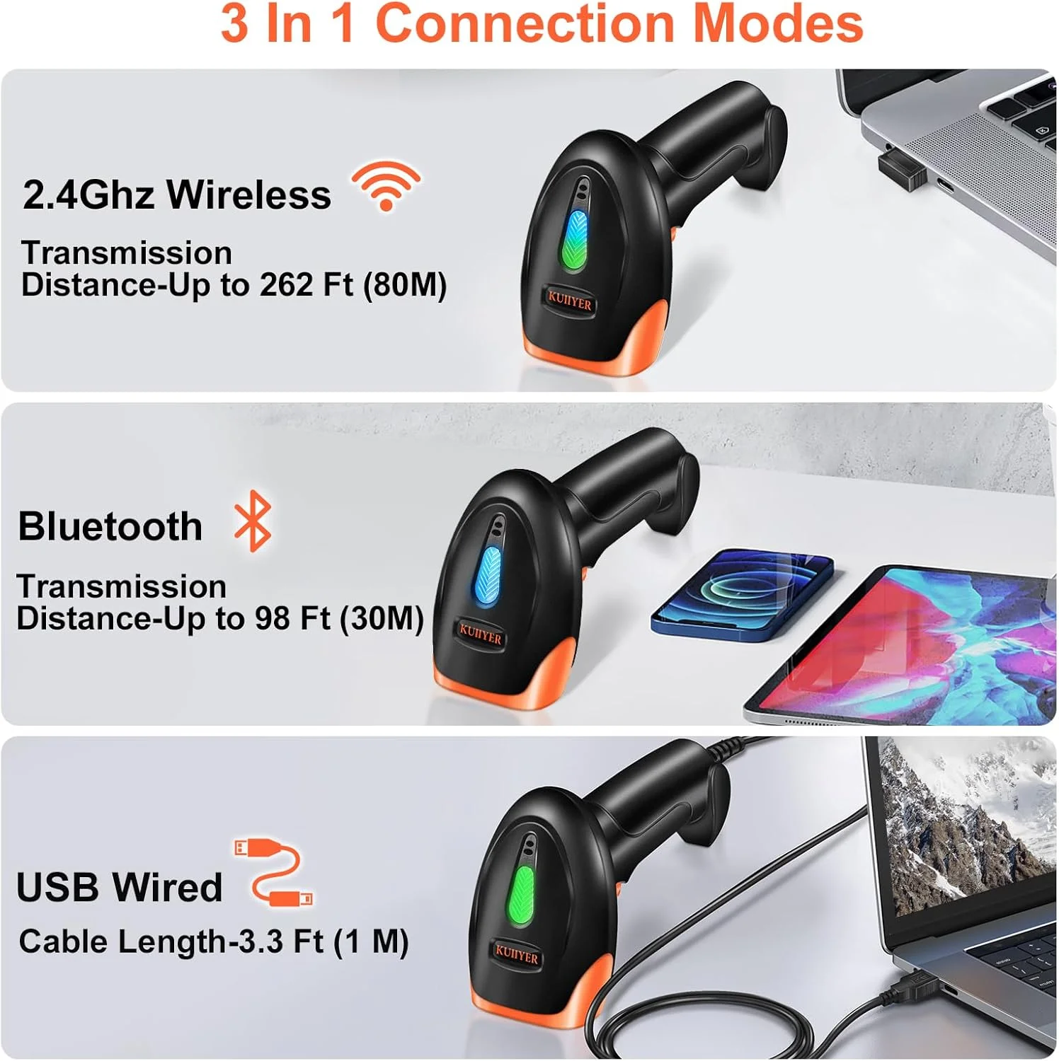 اسکنر بارکد بلوتوثی KUIIYER، اسکنر بارکد دوبعدی QR 1D بی‌سیم، بارکدخوان دستی با CMOS پیکسل 800 X 600 به‌روز شده، اتصال آسان برای آیفون، اندروید، آیپد، تبلت، کامپیوتر و POS