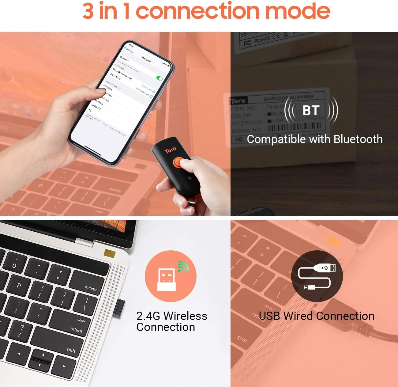 بارکد خوان بلوتوثی دو بعدی QR Tera، مینی، قابل حمل، بی سیم، بارکد خوان 3 در 1 (بی سیم 2.4G و USB سیمی و بلوتوث) برای بارکدهای دیجیتال صفحه نمایش، MAC OS، IOS، PC، تلفن