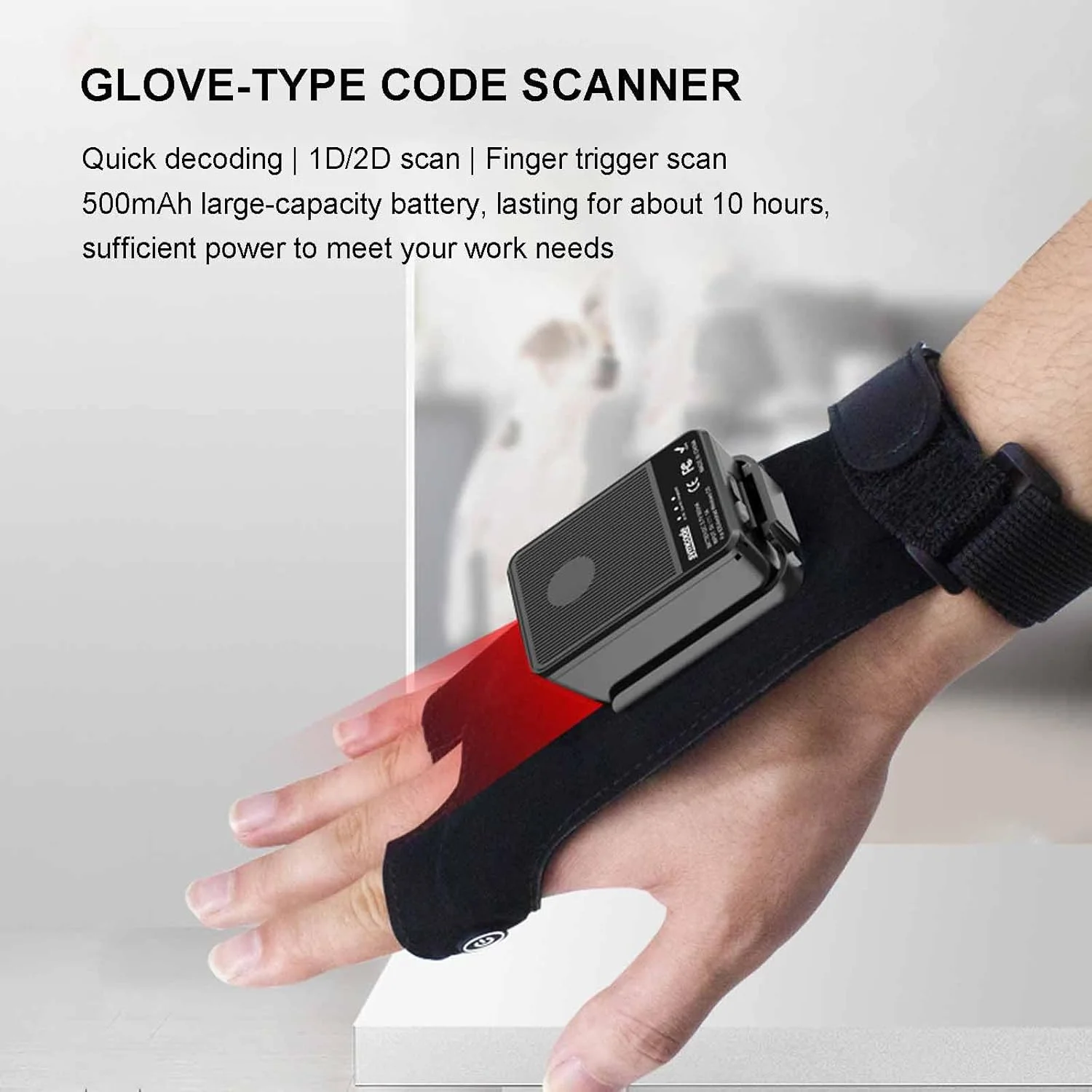 اسکنر بارکد 1D/2D قابل حمل - اسکن سریع، پوشیدنی دست چپ/راست، عمر باتری فوق العاده طولانی 10 ساعته، دکمه لمسی، قابل جابجایی قابل حمل - مناسب برای خوانندگان بارکد موجودی کتاب سازگار، مشکی